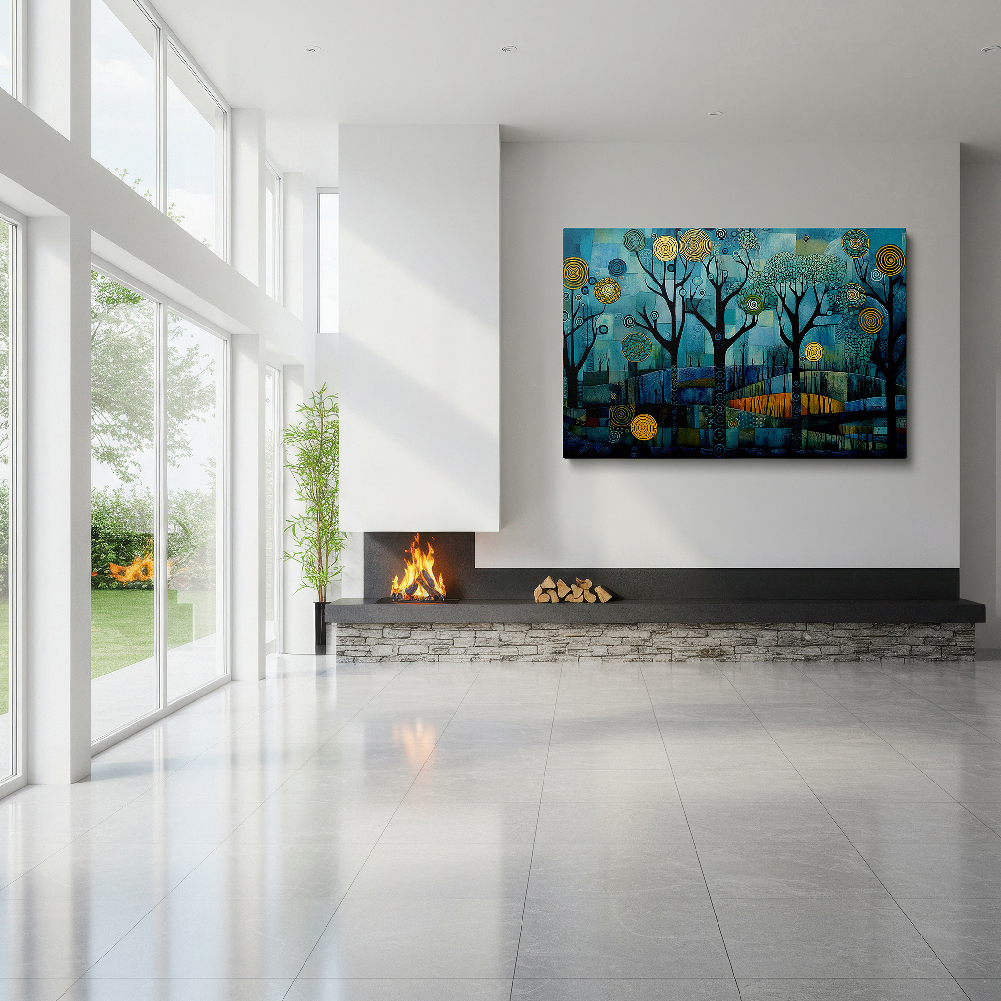 Positioned above a console table between ceramic vases — blue and yellow ethereal trees with dynamic swirls, dreamy abstract nature dance large wall art, canvas wall art, wall decor for office