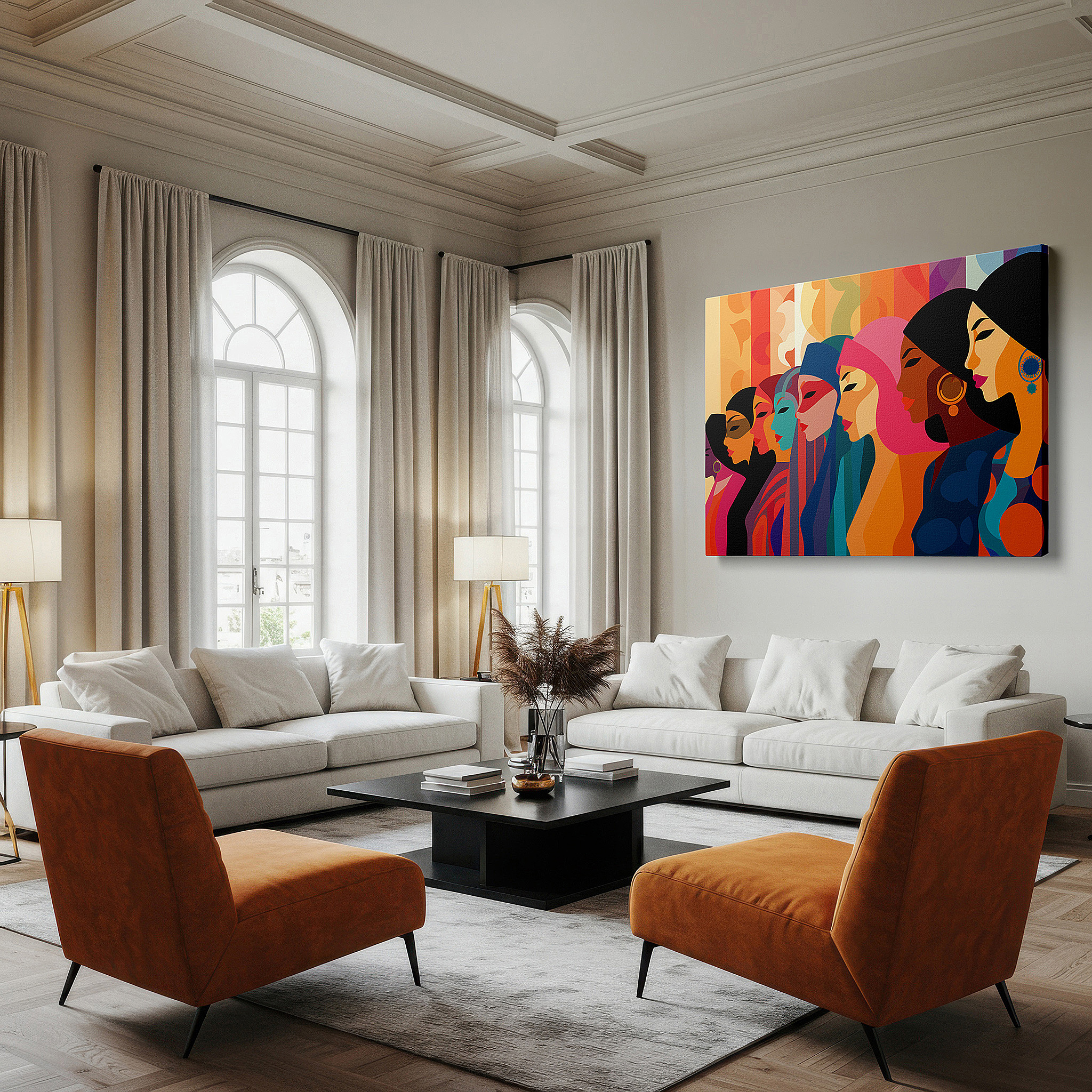 Positioned above a console table between ceramic vases — celebrating diversity with stylized women's portraits in a colorful tapestry of cultures - large wall art, canvas wall art