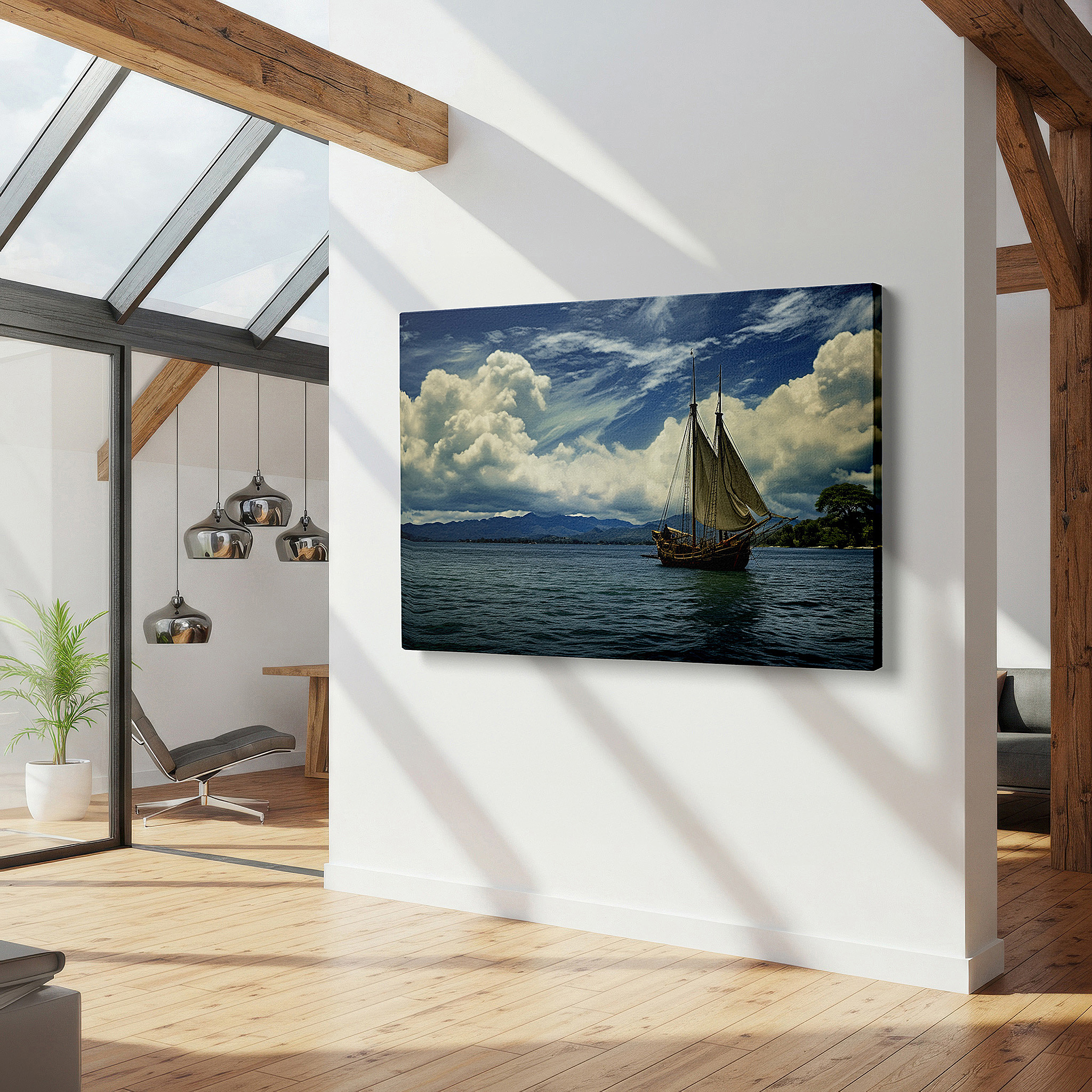Positioned above a console table between ceramic vases — classic sailing ship on calm waters with verdant scenery large wall art, canvas wall art, wall decor for office, bedroom, and living room