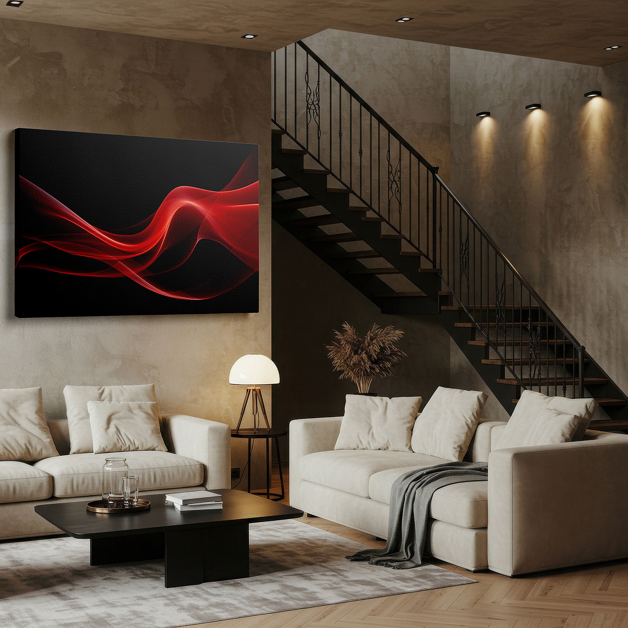 Positioned above a console table between ceramic vases — contemporary red waves on black - mesmerizing fluid digital art large wall decor, canvas art, office wall art
