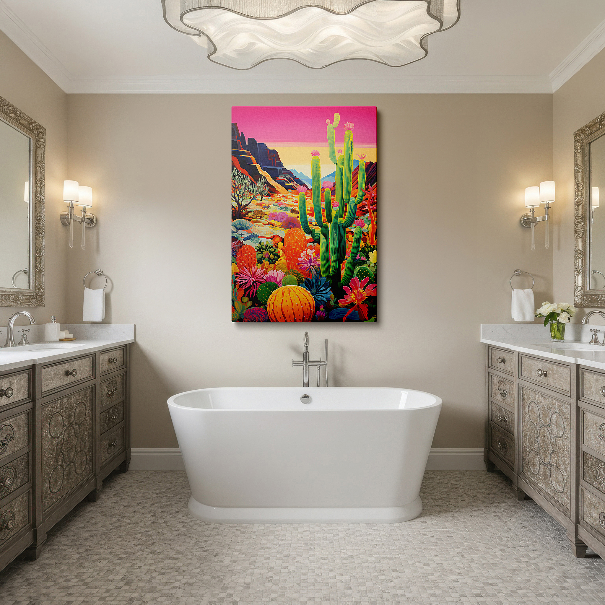 Positioned above a console table between ceramic vases — desert majesty: tranquil and vibrant nature scene with cacti and mountain vistas - large canvas wall art for office decor