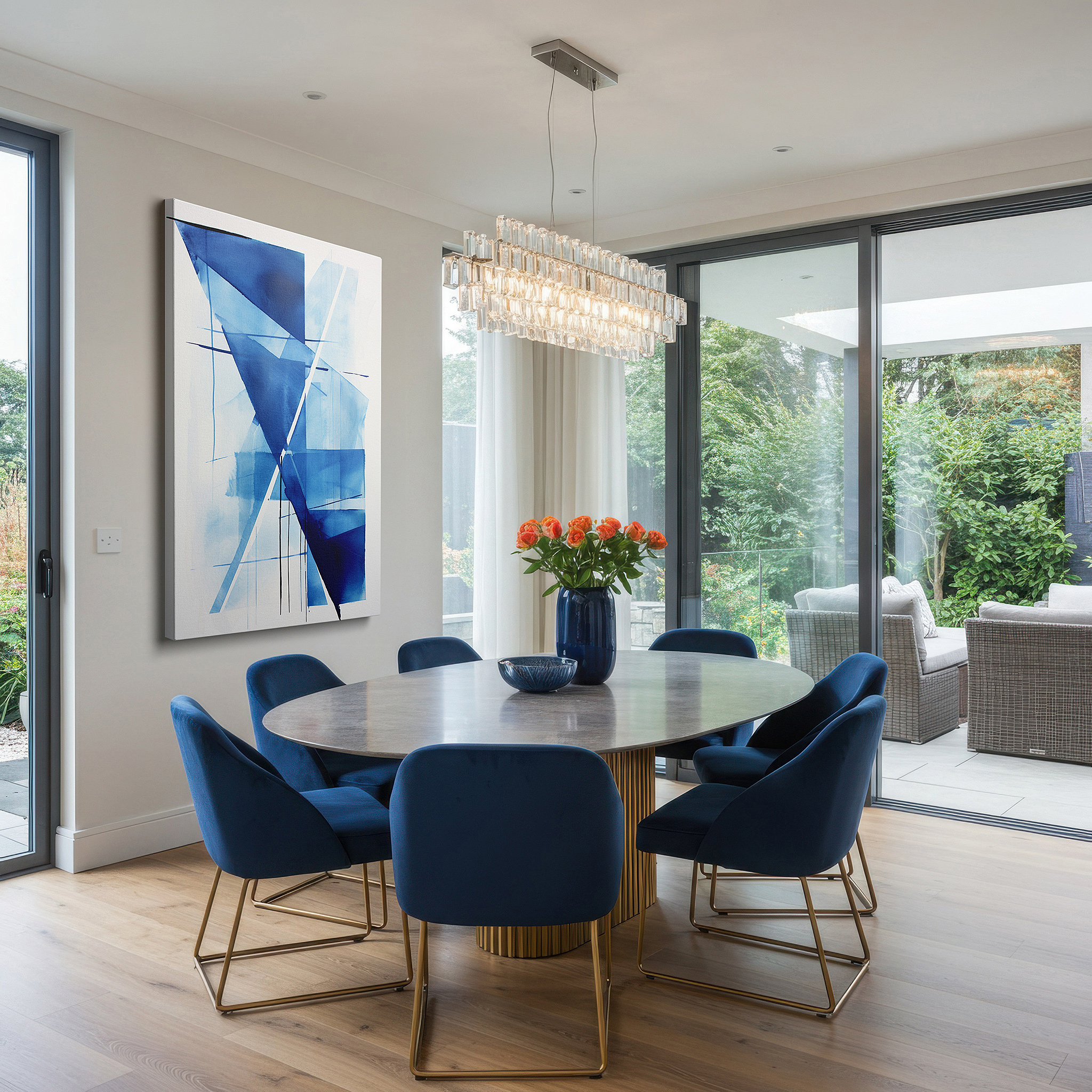 Positioned above a console table between ceramic vases — dynamic blue abstract: a fusion of shapes and emotions in contemporary aesthetics - large wall art, canvas wall art, wall decor for office and bedroom