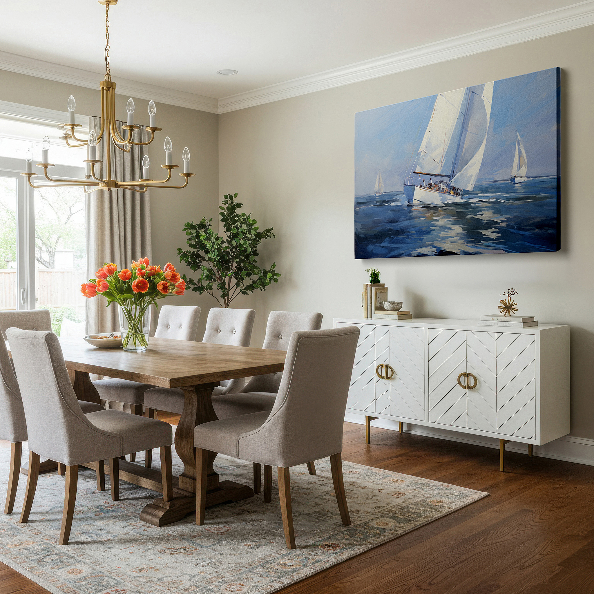 Positioned above a console table between ceramic vases — dynamic yachts on the open sea: a vivid display of adventure and tranquil ocean beauty - large canvas wall art for office decor