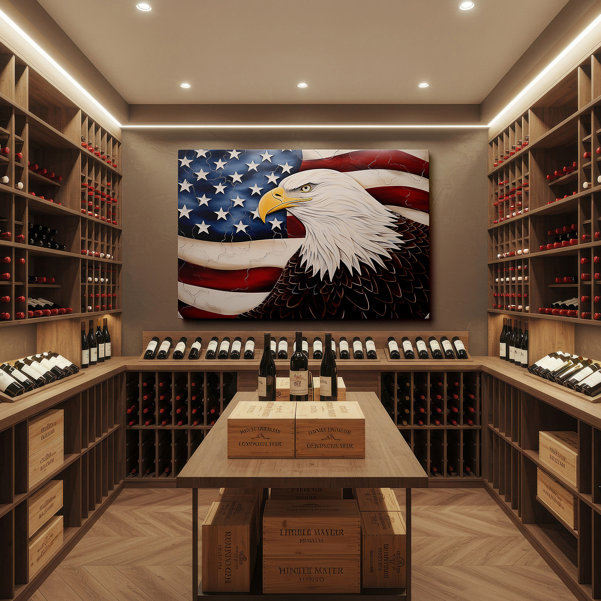 Positioned above a console table between ceramic vases — eagle and american flag wall art - symbolizing strength, freedom, and unity, ideal for office decor, large canvas