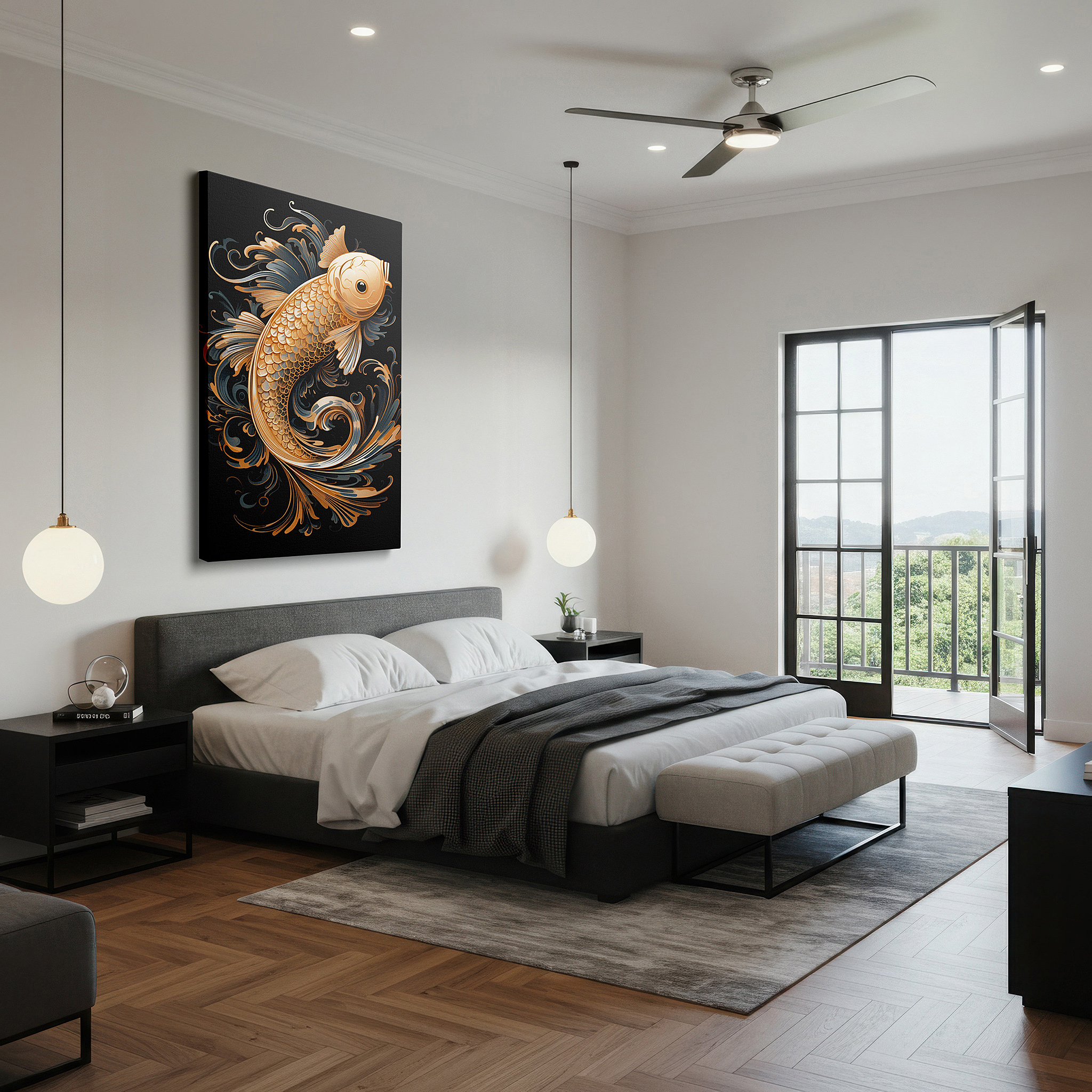 Positioned above a console table between ceramic vases — elegant goldfish with flowing water designs, peaceful water-themed large wall art, canvas wall art, wall decor for office and bedroom