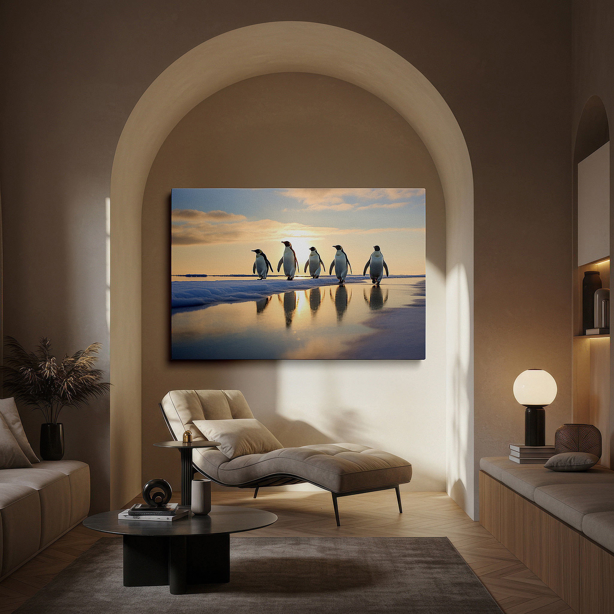 Positioned above a console table between ceramic vases — elegant penguins at sunset by a shimmering icy shoreline - large canvas wall art for office, bedroom, and living room decor
