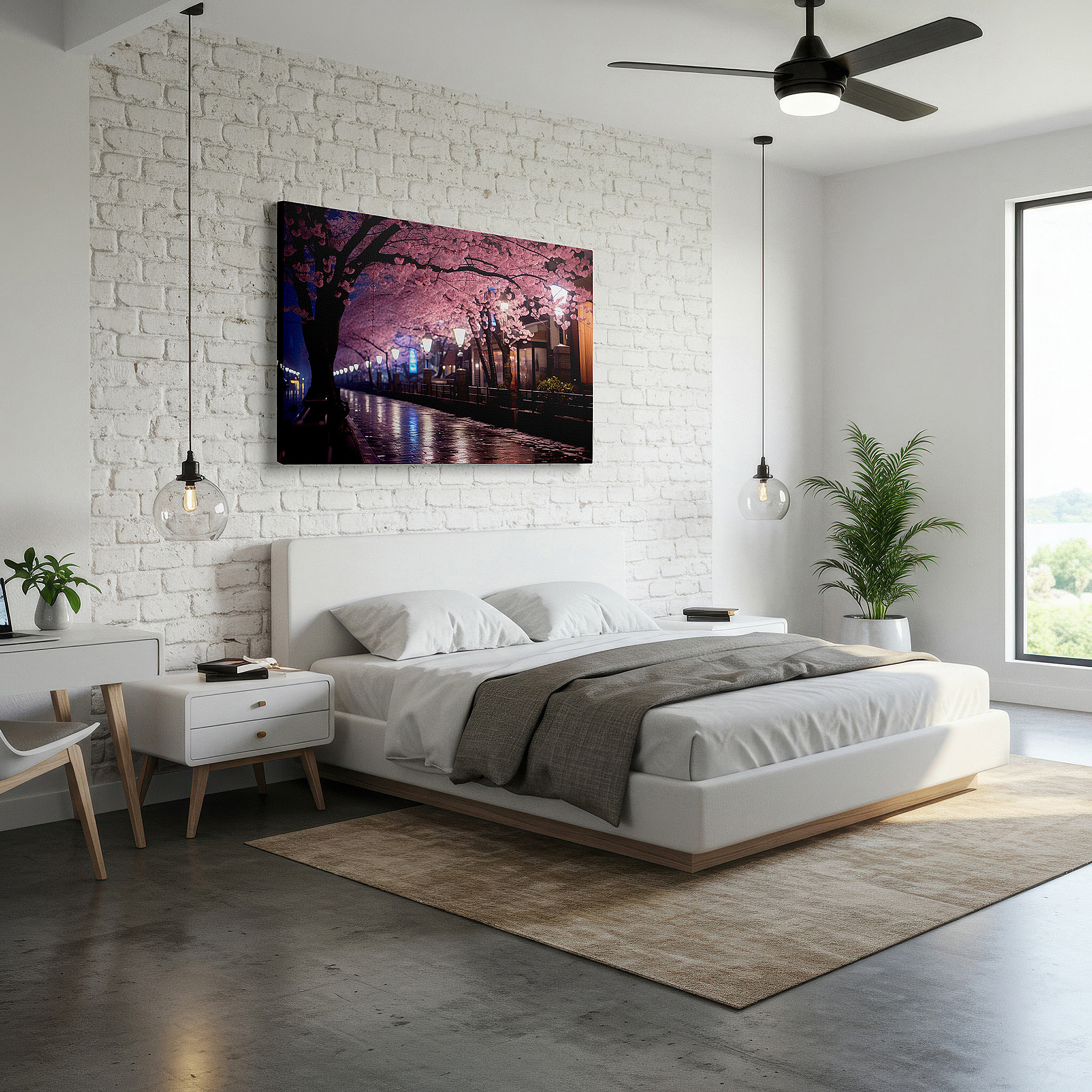 Positioned above a console table between ceramic vases — enchanted evening walk beneath lit cherry blossoms large wall art, canvas wall art, wall decor for office and bedroom