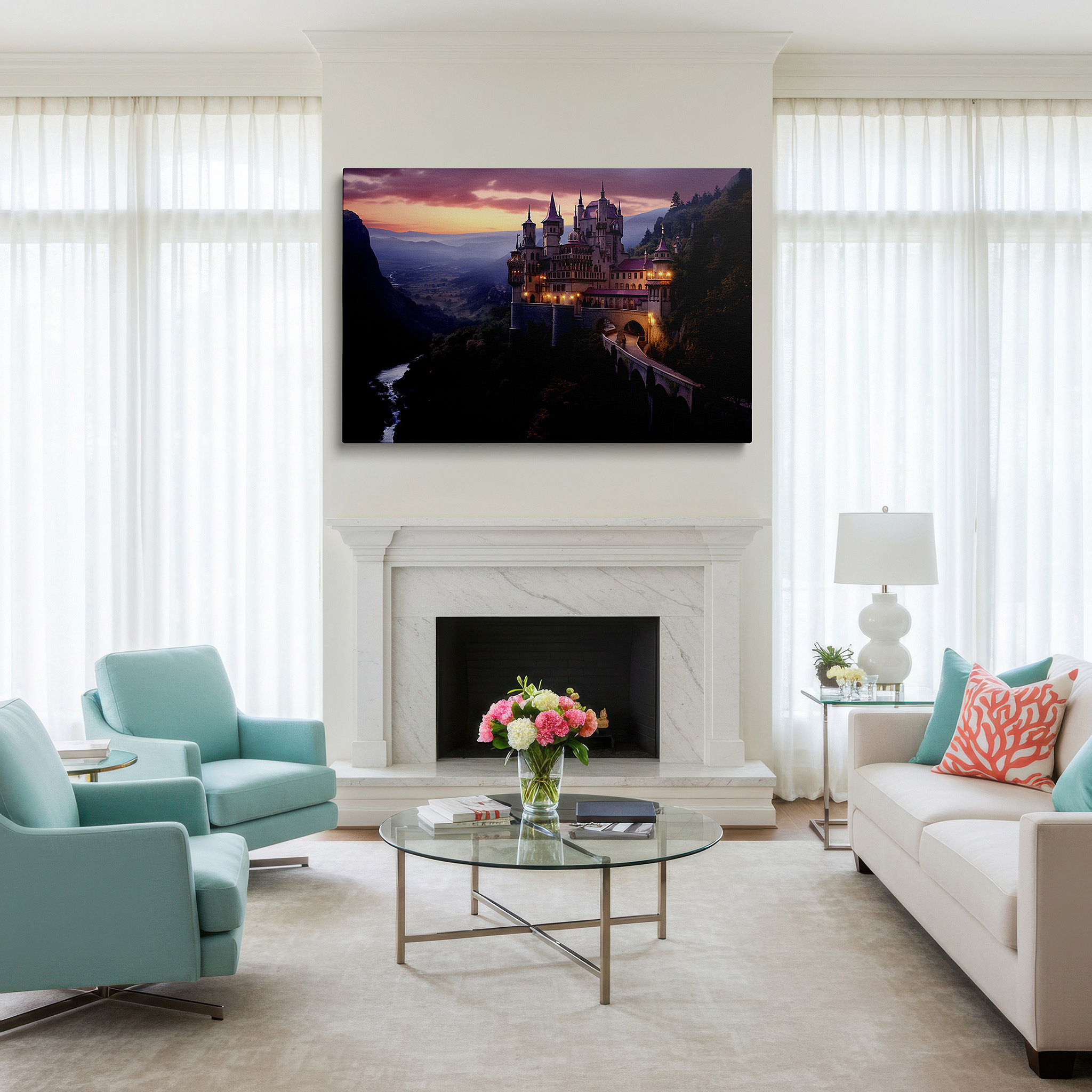 Positioned above a console table between ceramic vases — enchanting castle on a cliff with sunset valley view - large wall art, canvas print, office decor