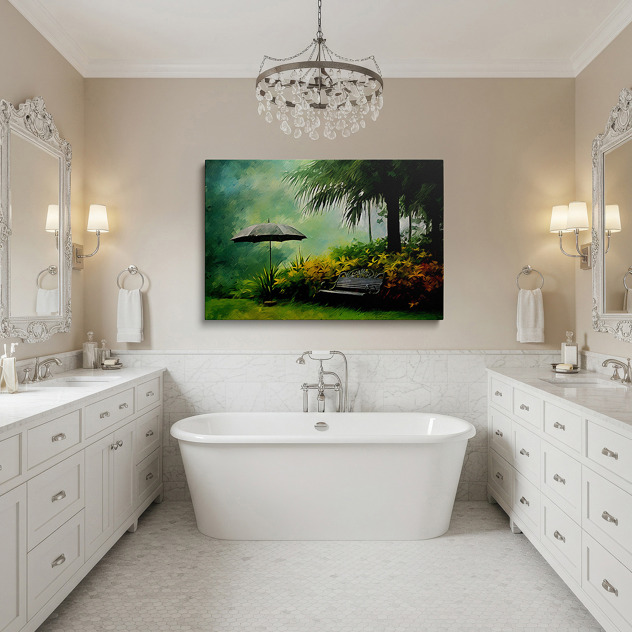 Positioned above a console table between ceramic vases — enchanting garden oasis featuring a hidden bench beneath a grey umbrella, a peaceful retreat surrounded by lush greenery and delicate flowers large wall art, canvas wall