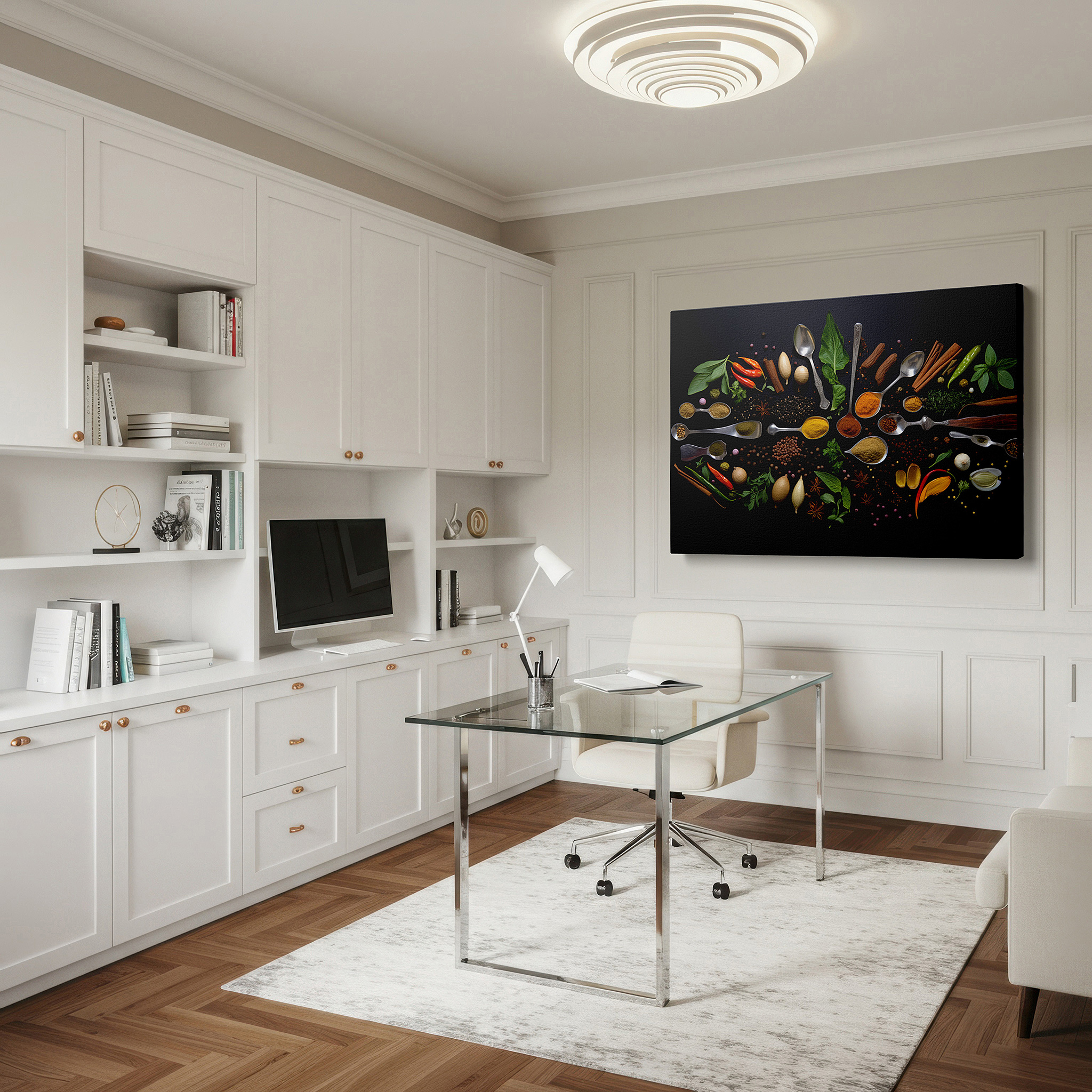 Positioned above a console table between ceramic vases — exquisite culinary-themed wall art featuring spices and herbs: ideal for office, bedroom, and home decor