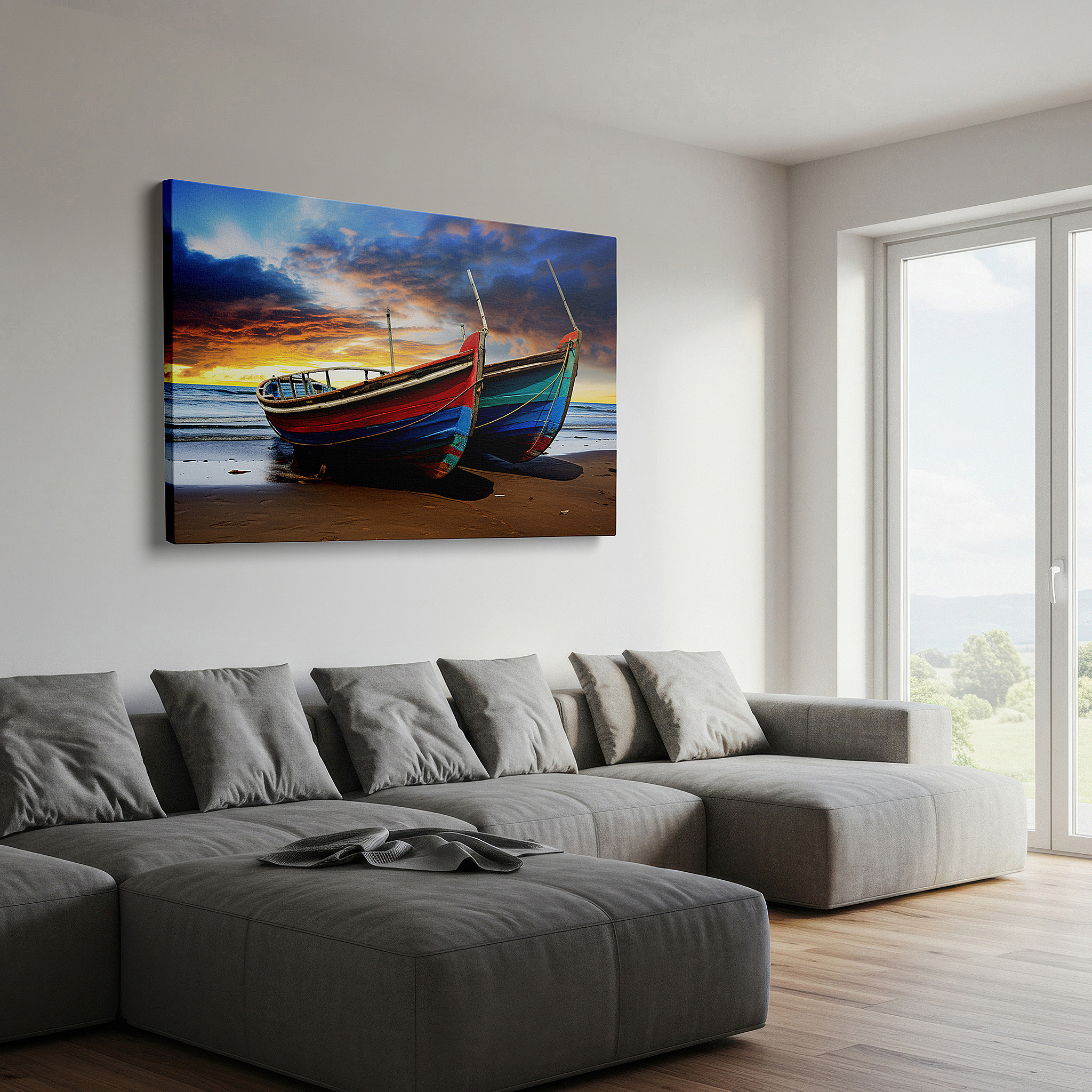 Positioned above a console table between ceramic vases — fiery sunset over abandoned boats, serene beachscape reflecting time - large canvas wall art for office and bedroom decor