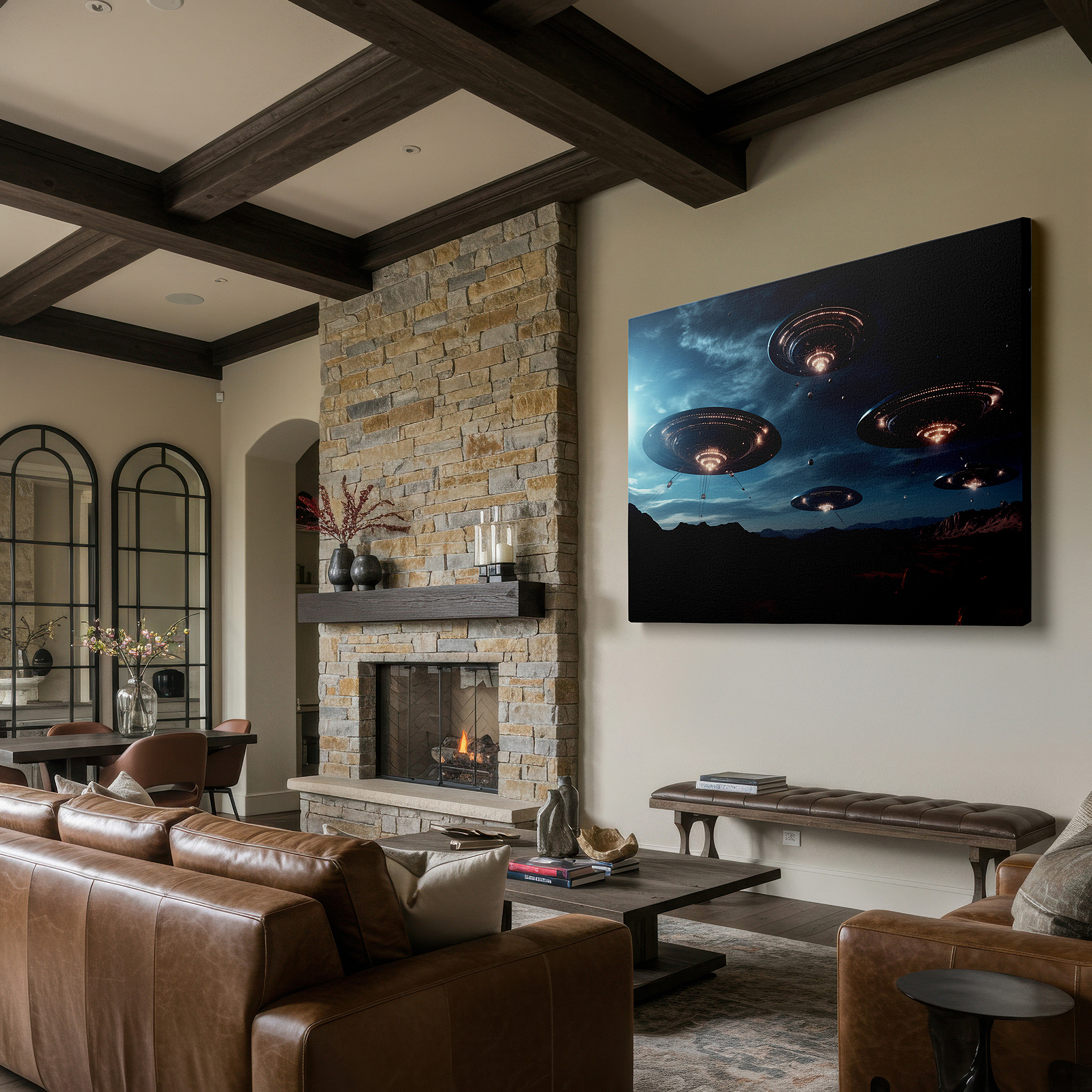 Positioned above a console table between ceramic vases — futuristic ufos hovering above a barren desert in a cosmic encounter - large wall art, canvas wall art, wall decor for office and bedroom