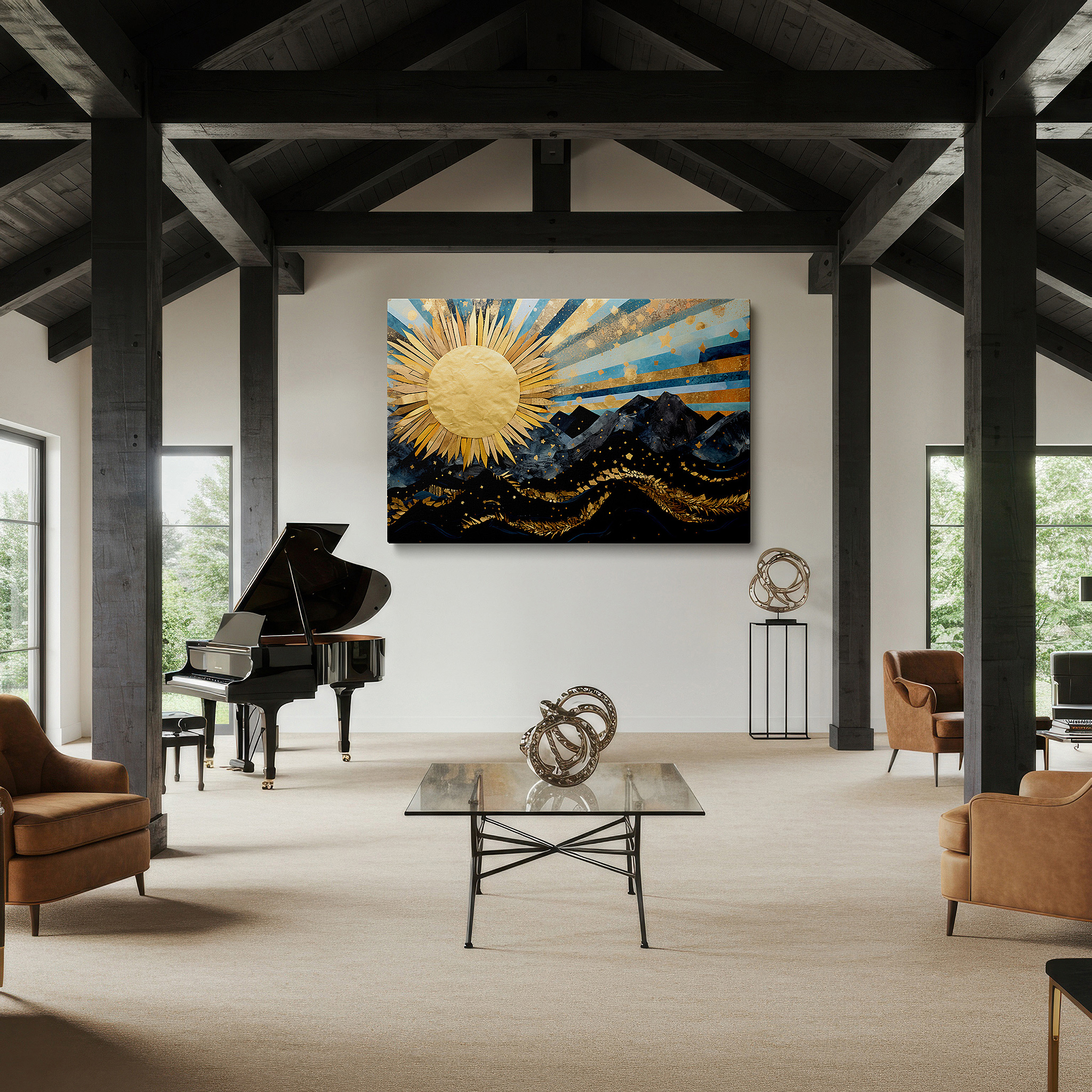 Positioned above a console table between ceramic vases — golden sunlight over majestic mountains and rhythmic ocean waves: large canvas wall art for office and bedroom decor
