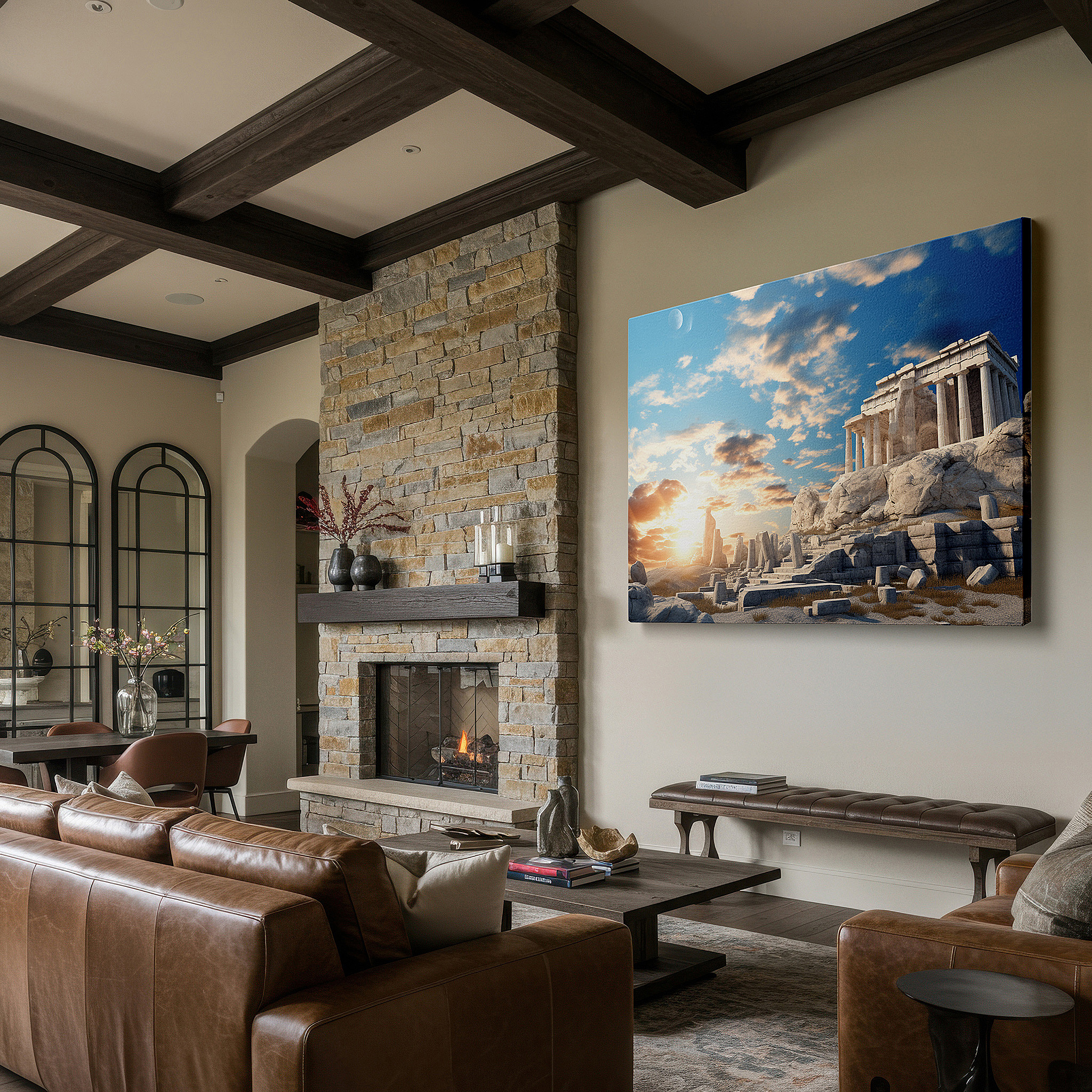 Positioned above a console table between ceramic vases — golden sunset at the parthenon - hyper-realistic digital homage to greek magnificence, large wall art, canvas wall art, wall decor, office wall art