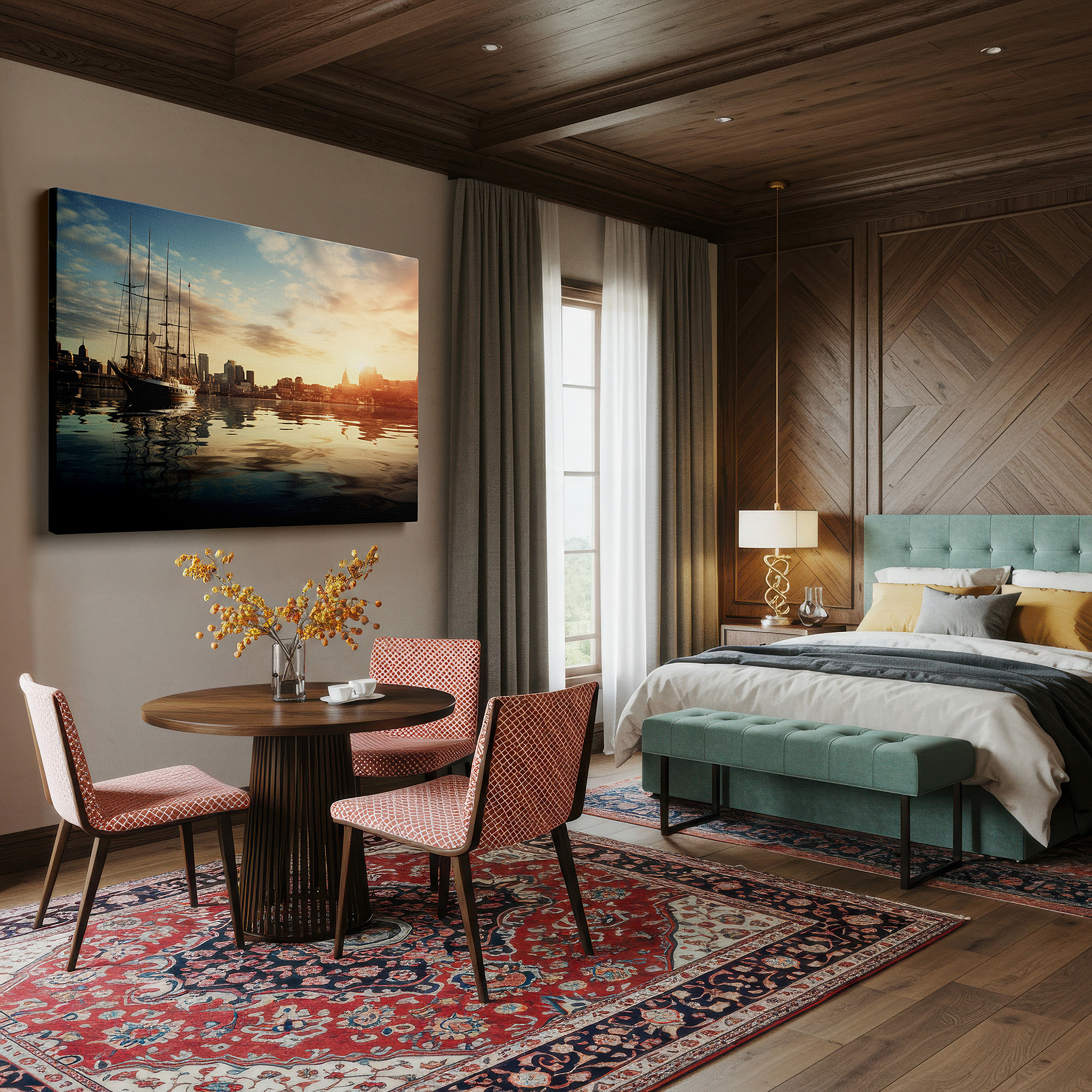 Positioned above a console table between ceramic vases — golden sunset reflection: serene maritime and bustling cityscape large wall art, canvas decor for office and bedroom