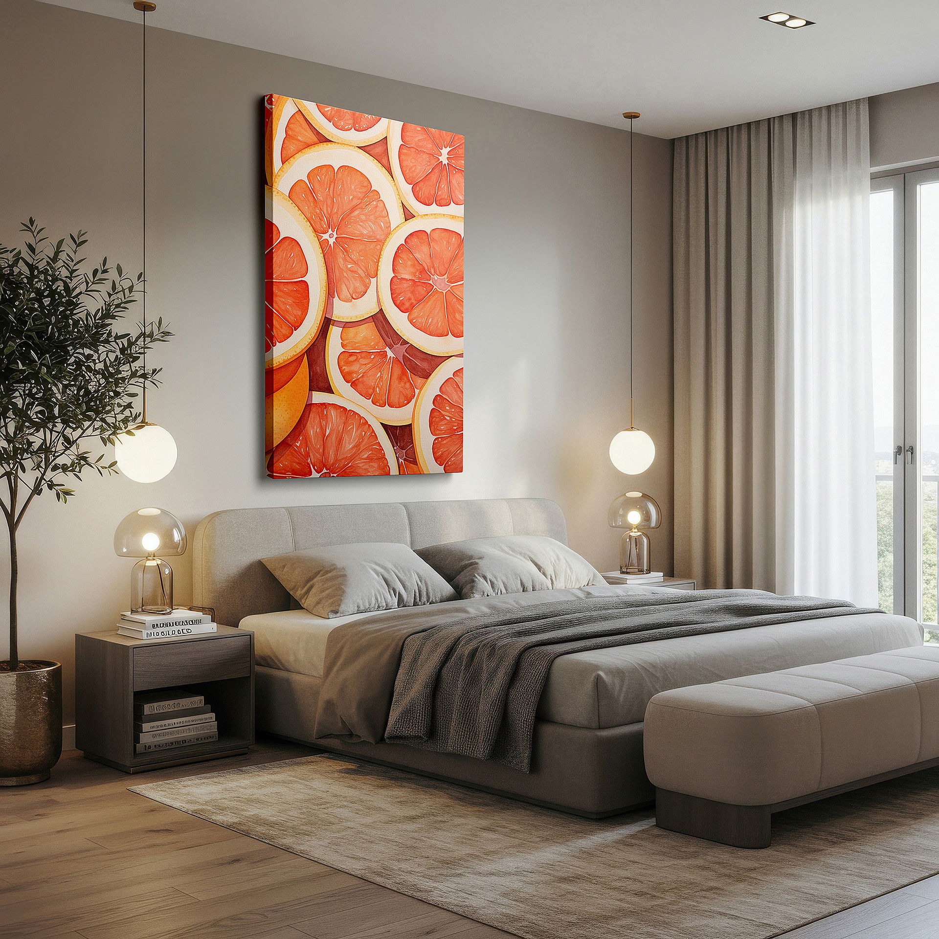 Positioned above a console table between ceramic vases — grapefruit slices wall art: experience freshness and vitality with dynamic colors - perfect for office or bedroom decor