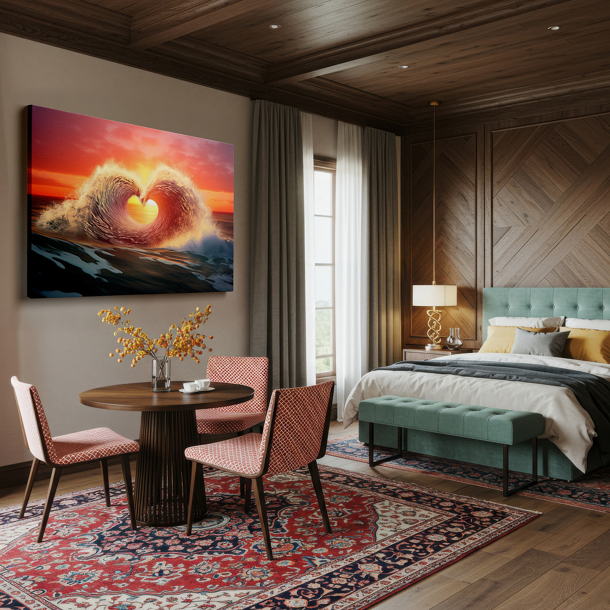 Positioned above a console table between ceramic vases — heart-shaped wave at sunset: symbolizing love in nature's beauty - large wall art, canvas wall art, wall decor for office and bedroom