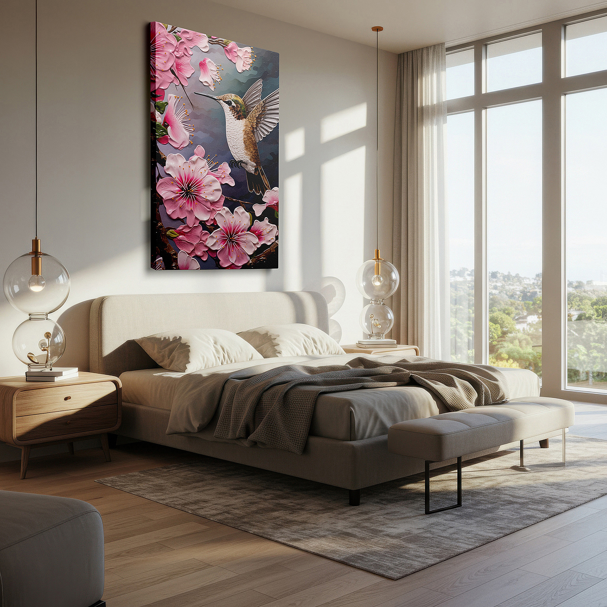 Positioned above a console table between ceramic vases — hummingbird's ethereal glow amid delicate pink blossoms large wall art, canvas wall art, wall decor for office and bedroom