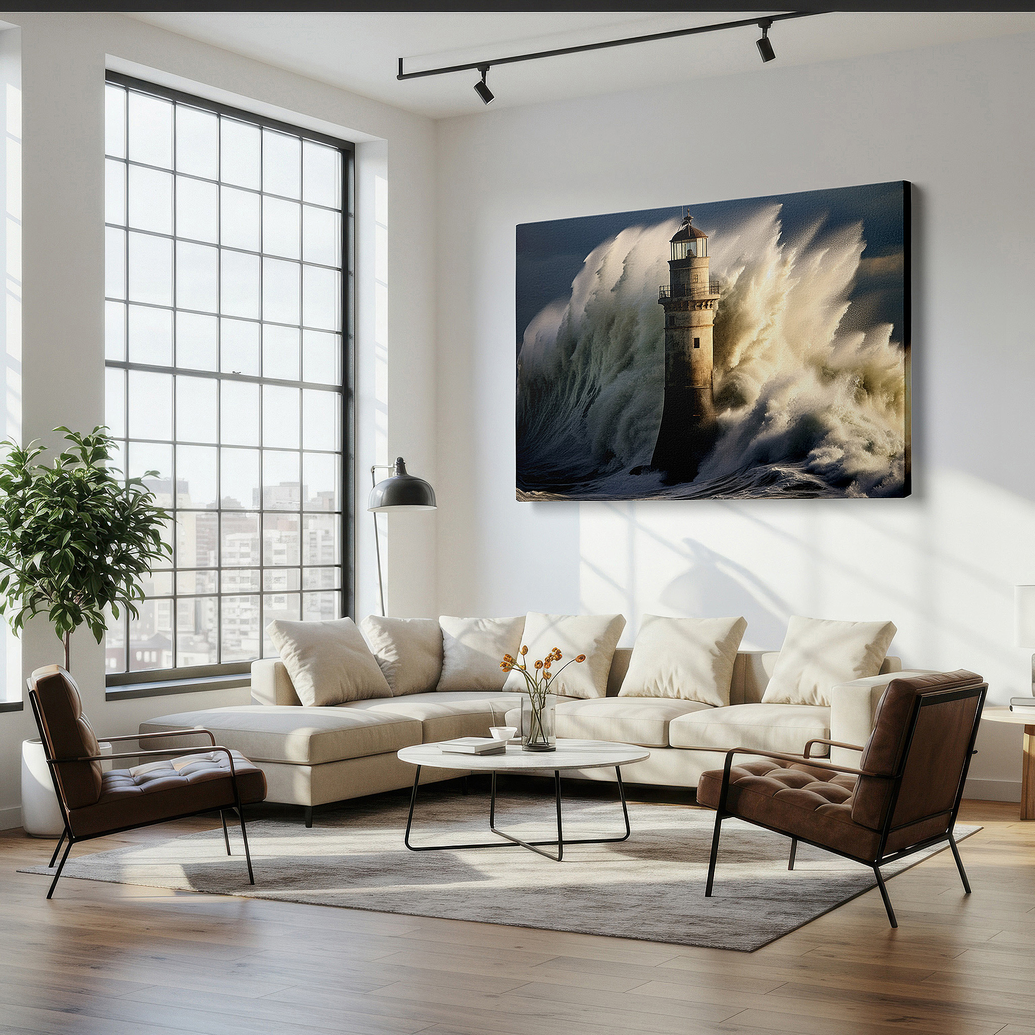 Positioned above a console table between ceramic vases — lighthouse amidst stormy seas wall art: a symbol of resilience and guidance - large canvas art for office and bedroom decor