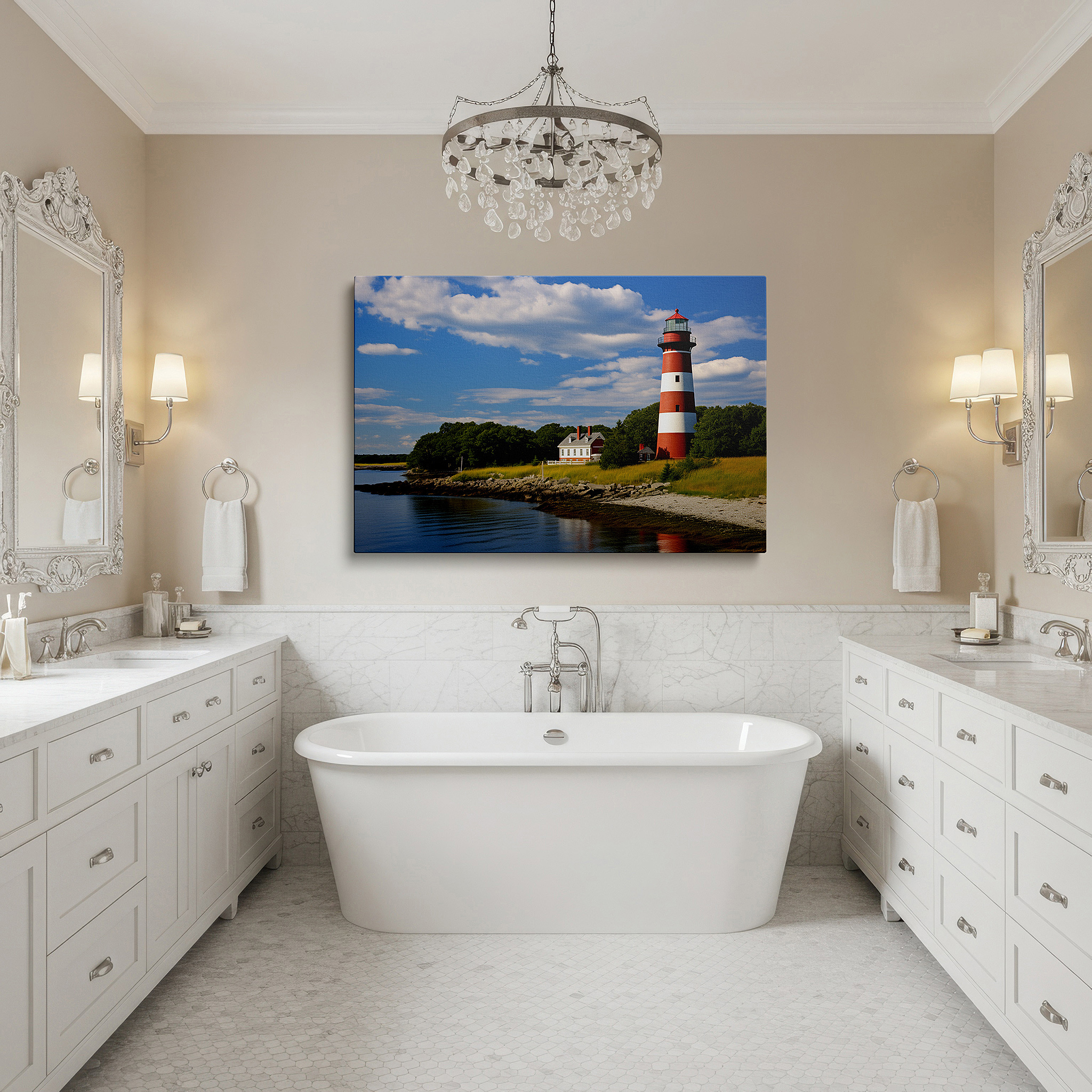 Positioned above a console table between ceramic vases — luminous lighthouse by tranquil waters surrounded by verdant foliage under a bright morning sky - large canvas wall art for home and office decor