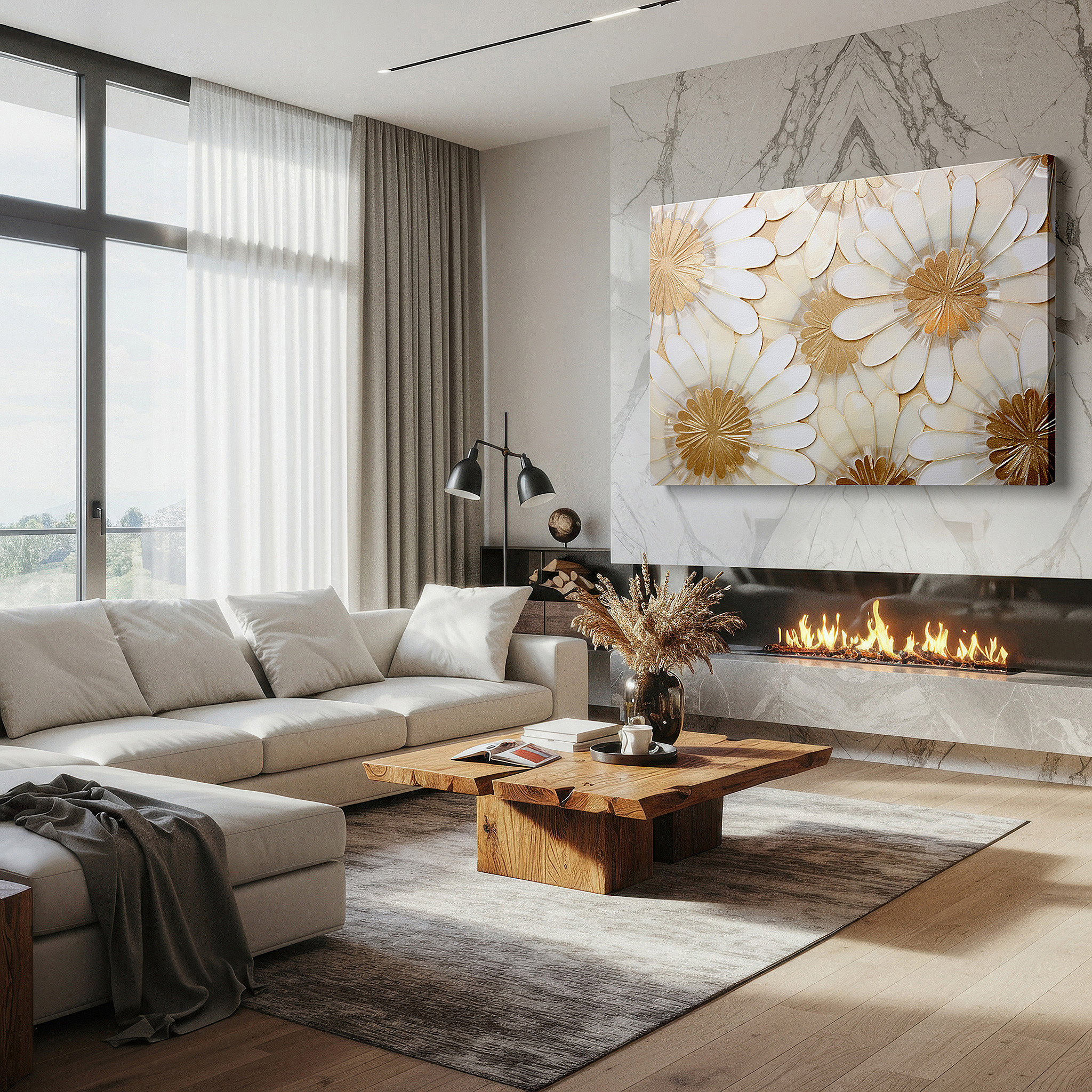 Positioned above a console table between ceramic vases — luxurious floral symphony in gold and light - large canvas wall art for office and bedroom decor