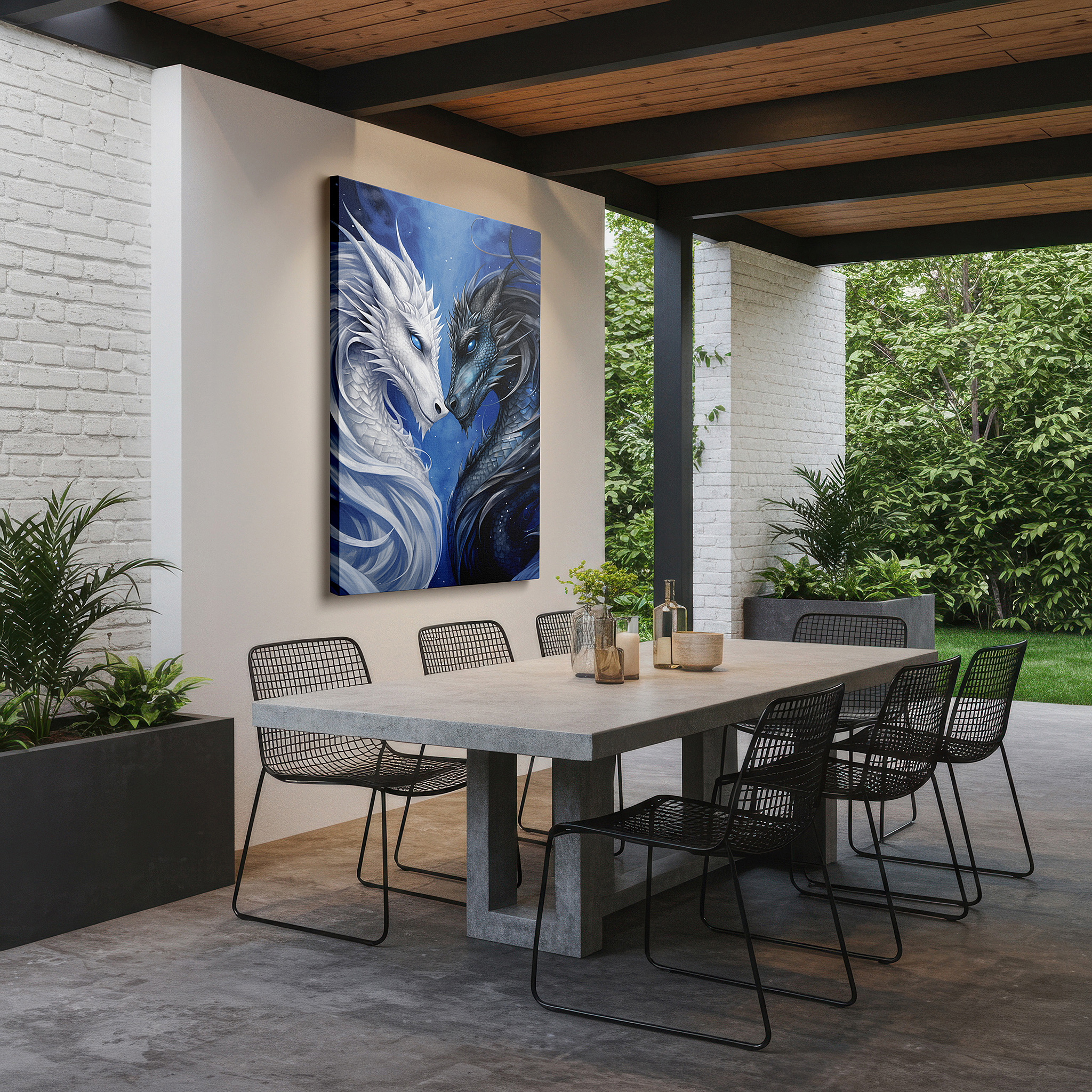 Positioned above a console table between ceramic vases — majestic dragons in celestial dance: the eternal struggle of good vs. evil - large canvas wall art for office and bedroom decor