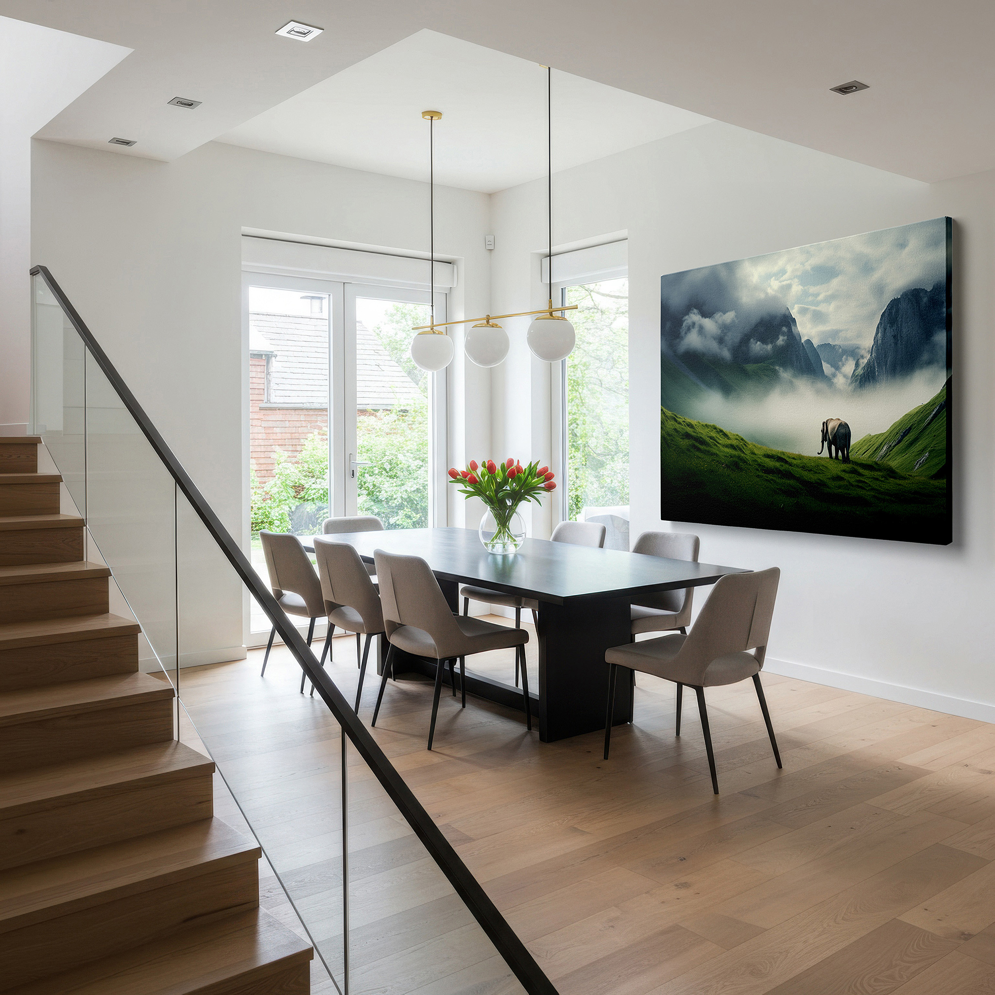 Positioned above a console table between ceramic vases — majestic elephant in misty mountains: serene nature splendor large wall art, canvas wall art, wall decor for office