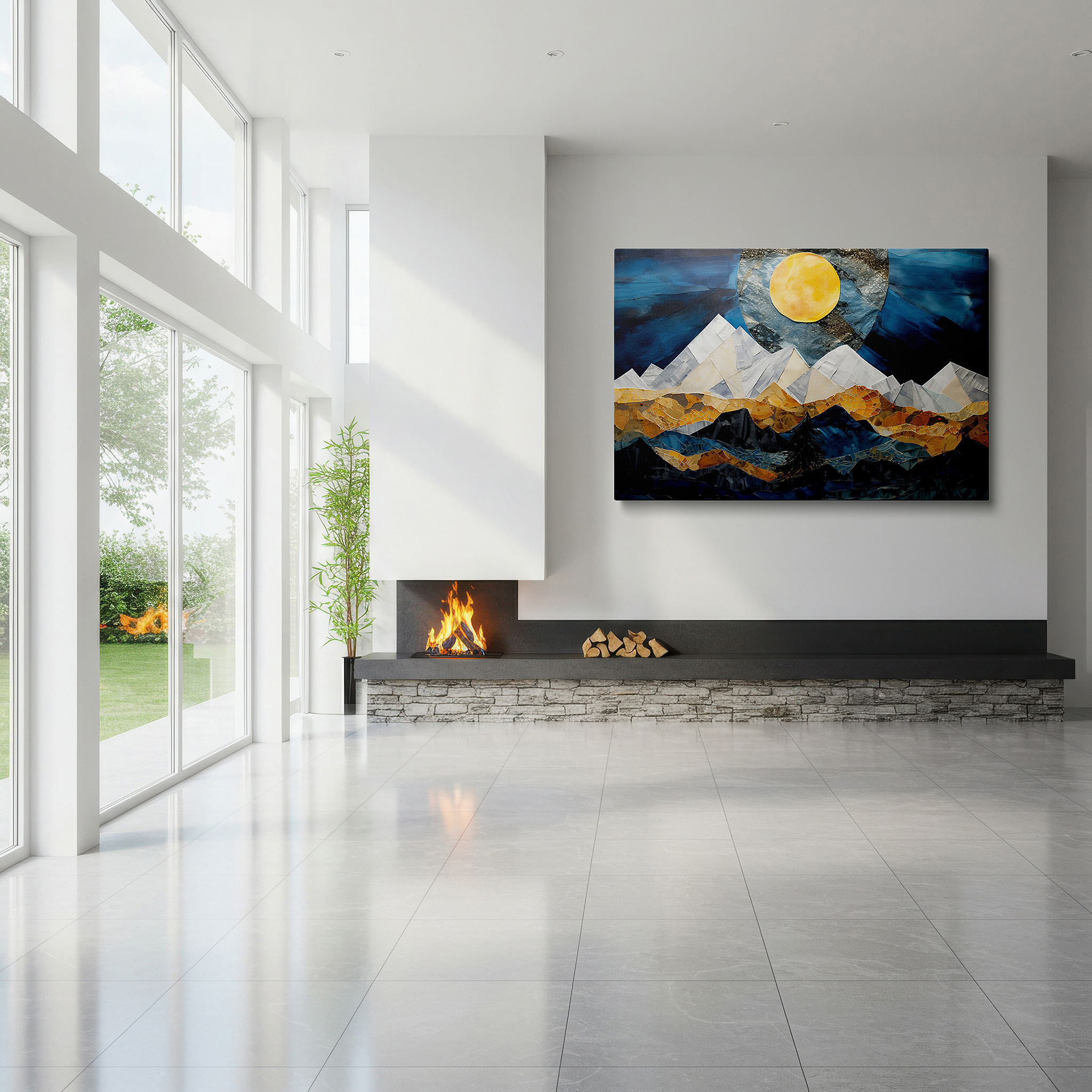 Positioned above a console table between ceramic vases — majestic mountains beneath a radiant moon, enchanting night scene illuminated by ethereal light, large wall art, canvas wall art, wall decor, office wall art