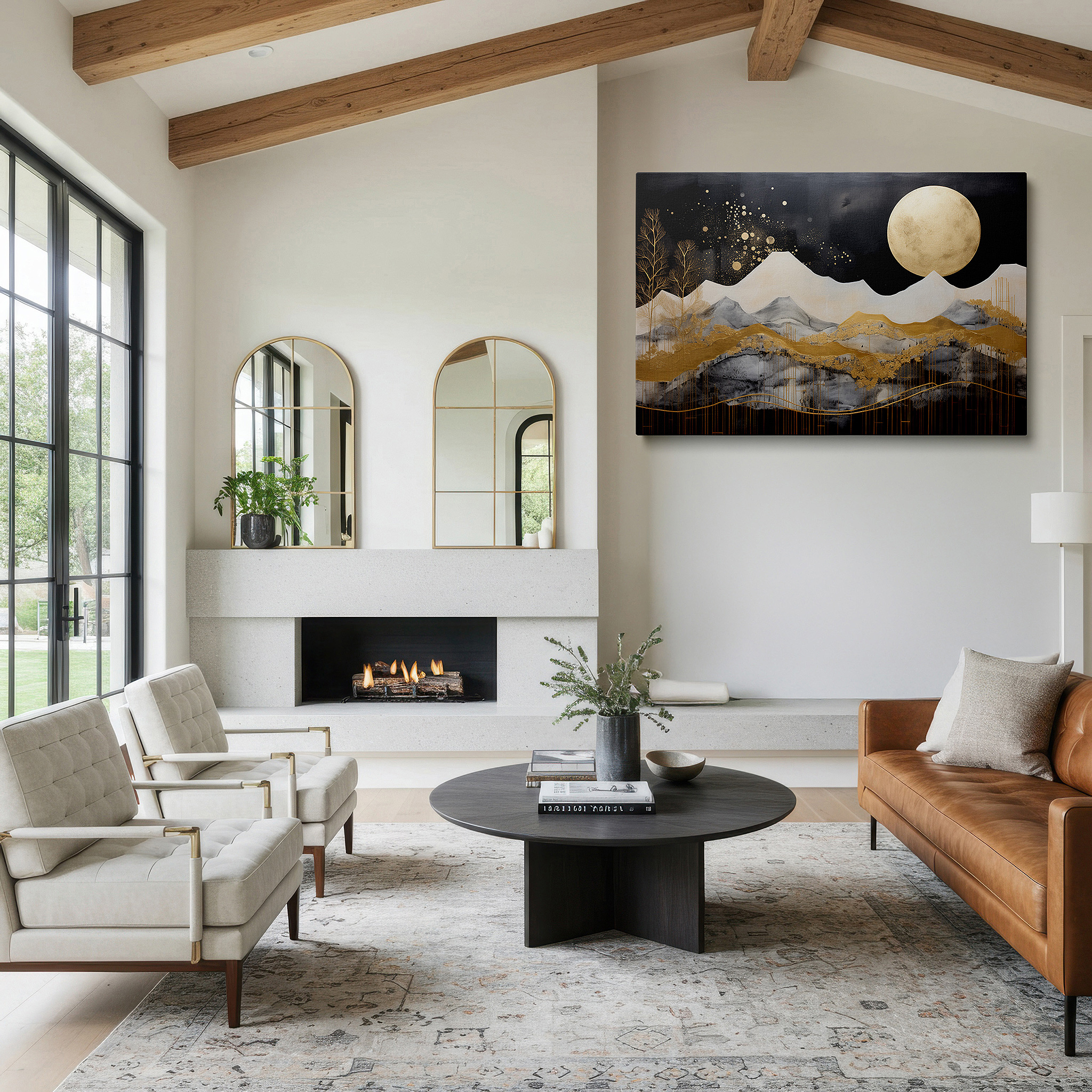 Positioned above a console table between ceramic vases — majestic peaks and golden moonlight: a symphony of nature and cosmos - abstract large wall art, canvas wall art, wall decor for offices