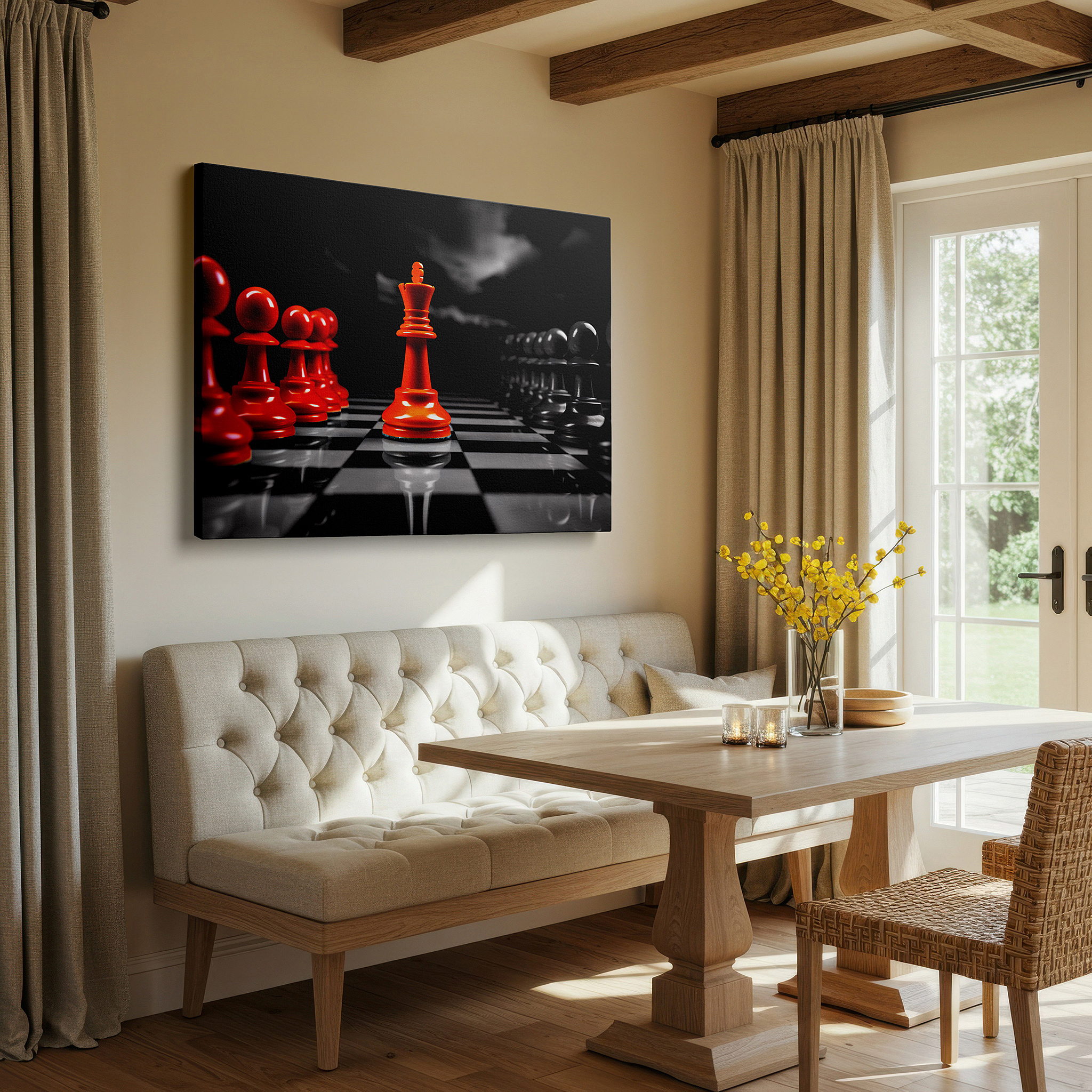 Positioned above a console table between ceramic vases — masterpiece chess set wall art displaying passion, power, and strategy - ideal for office and bedroom decor