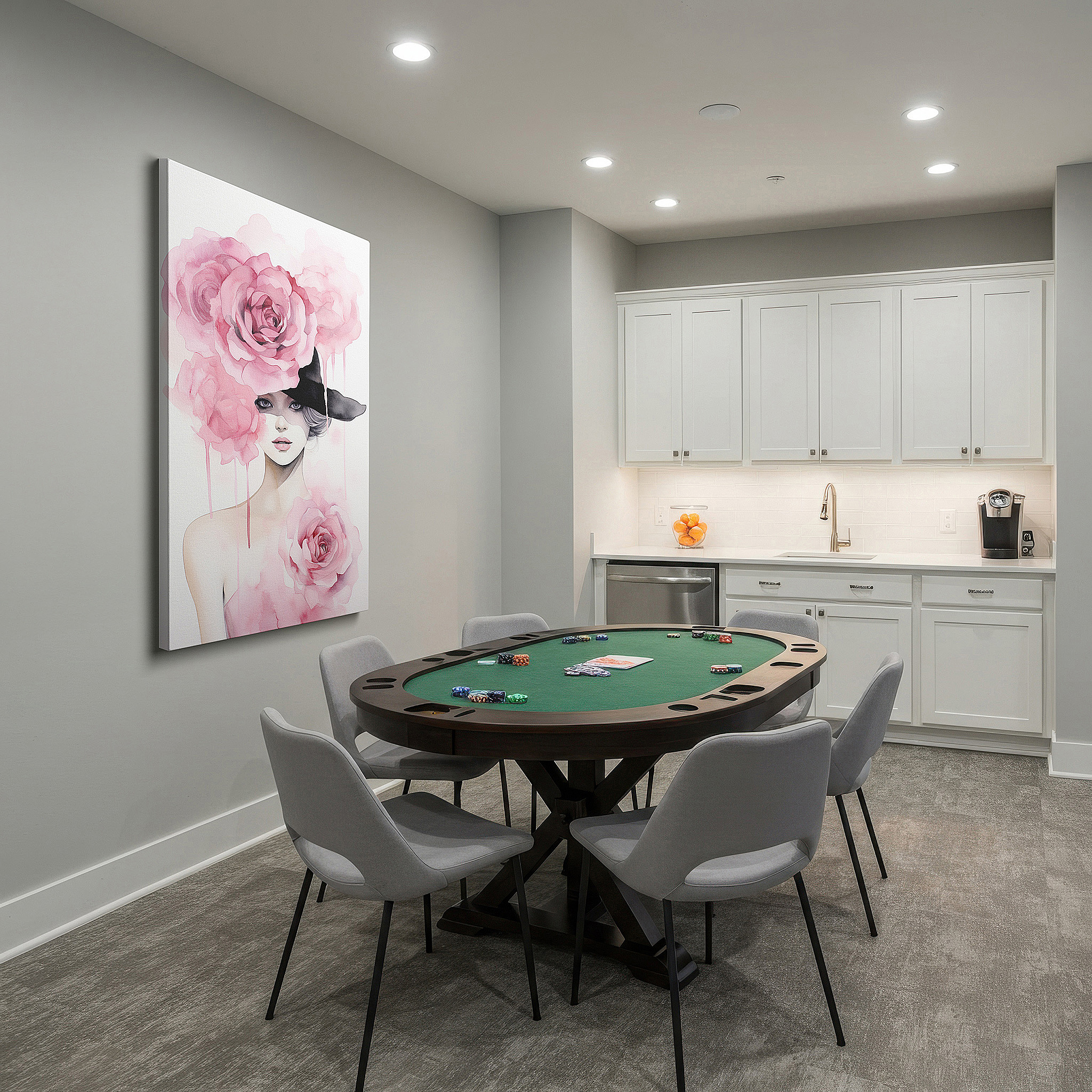 Positioned above a console table between ceramic vases — modern elegance in bold femininity: black hat and pink roses - nature-inspired large wall art, canvas wall art, wall decor for office