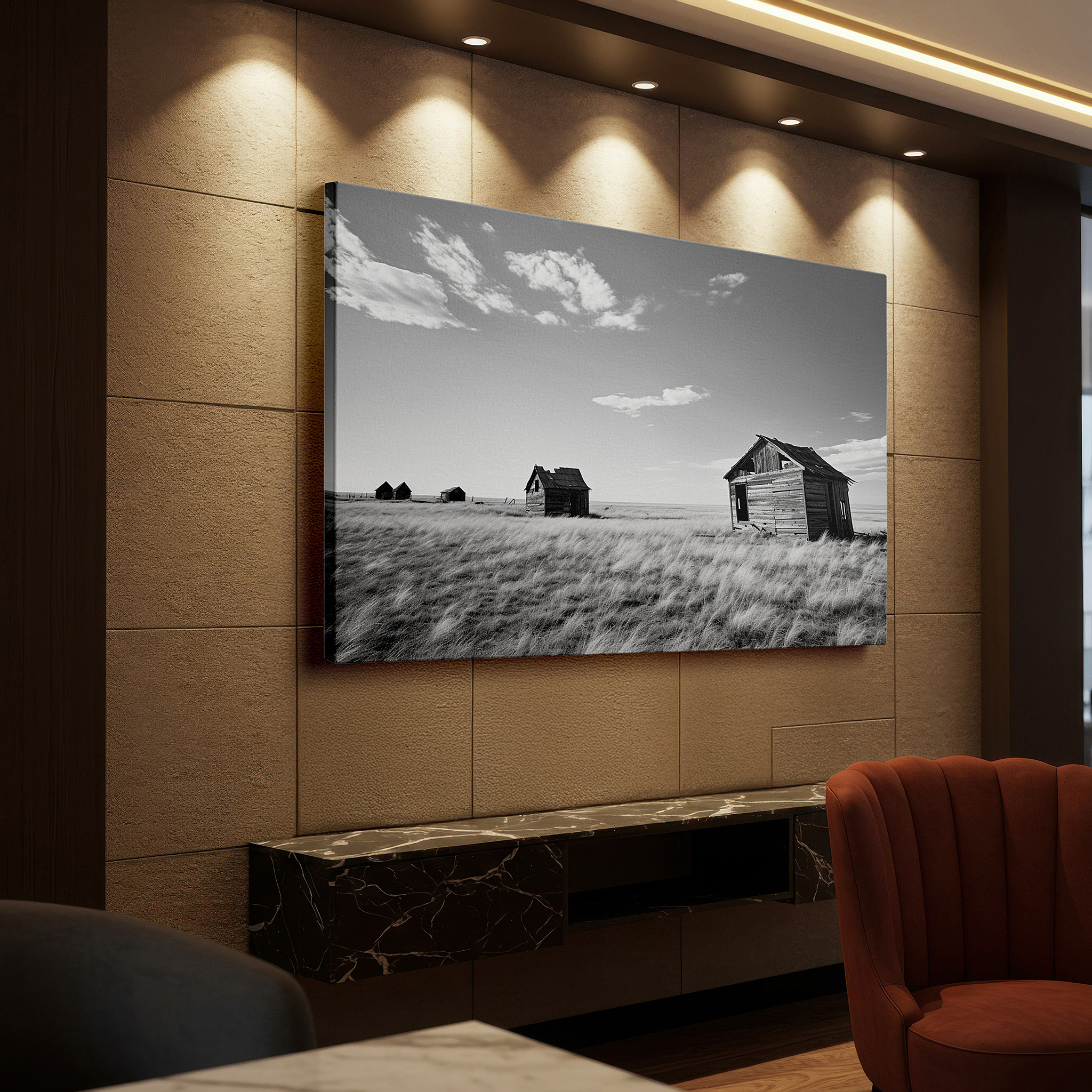 Positioned above a console table between ceramic vases — monochrome elegance: forgotten decay and time's reclamation - large landscape wall art, canvas decor for office