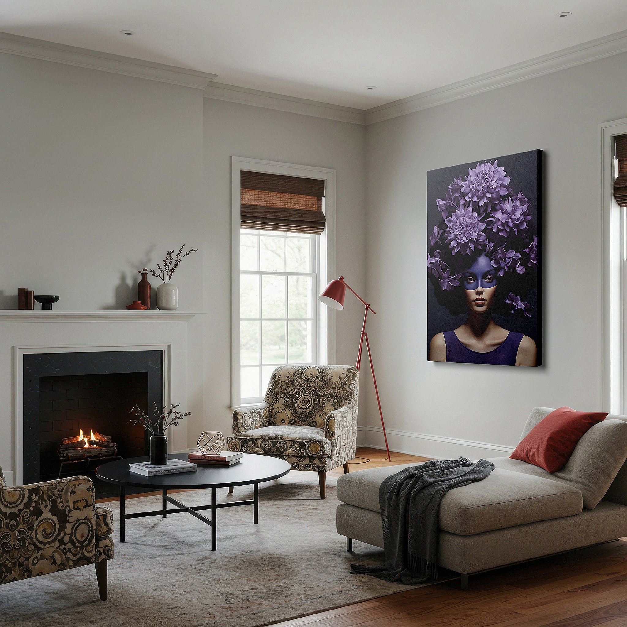 Positioned above a console table between ceramic vases — mysterious portrait of a woman in a mask surrounded by purple flowers, exploring identity and mystery - large wall art, canvas print, home and office decor