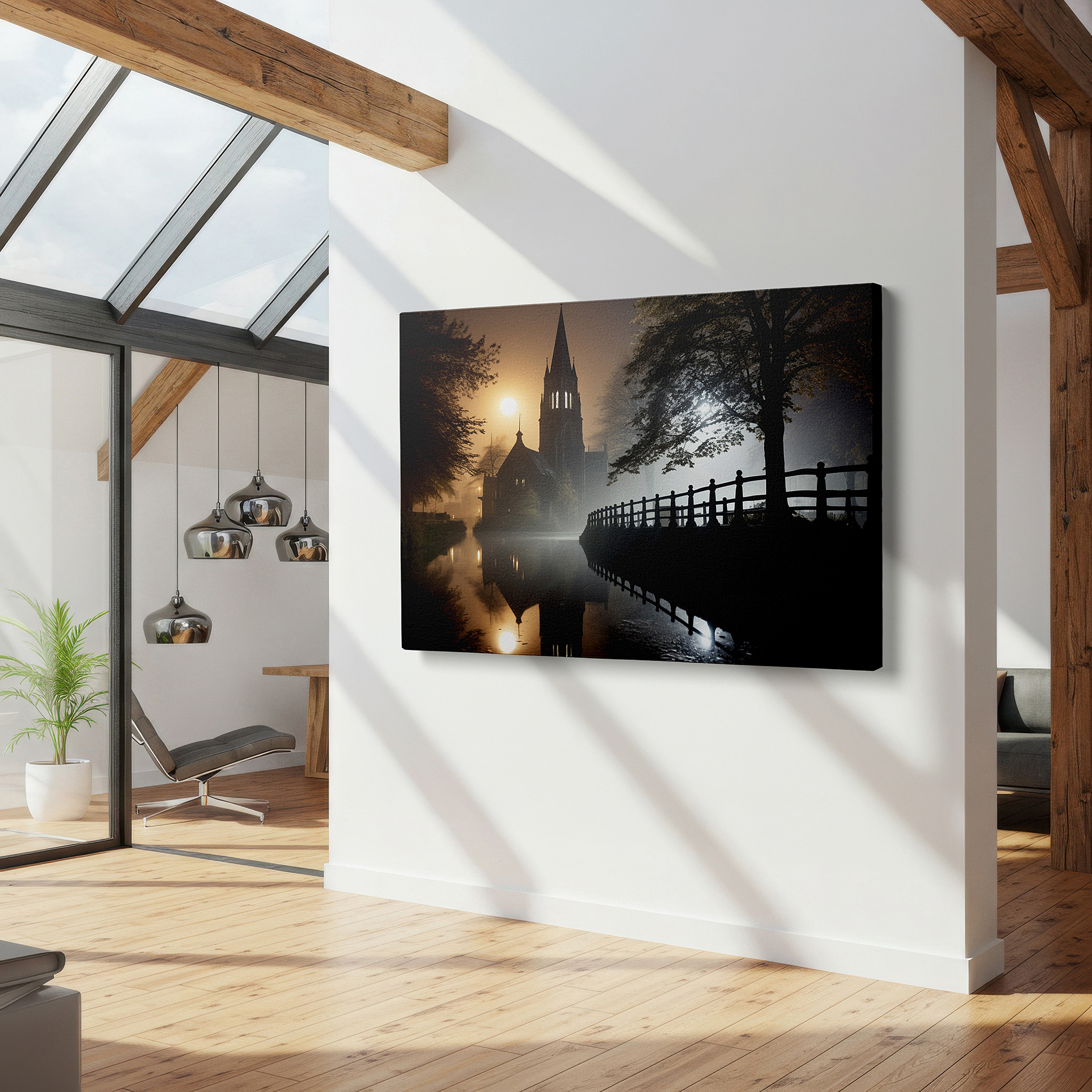 Positioned above a console table between ceramic vases — mystical and peaceful fog-covered lake church large wall art, canvas wall art, wall decor for office, bedroom, and living room