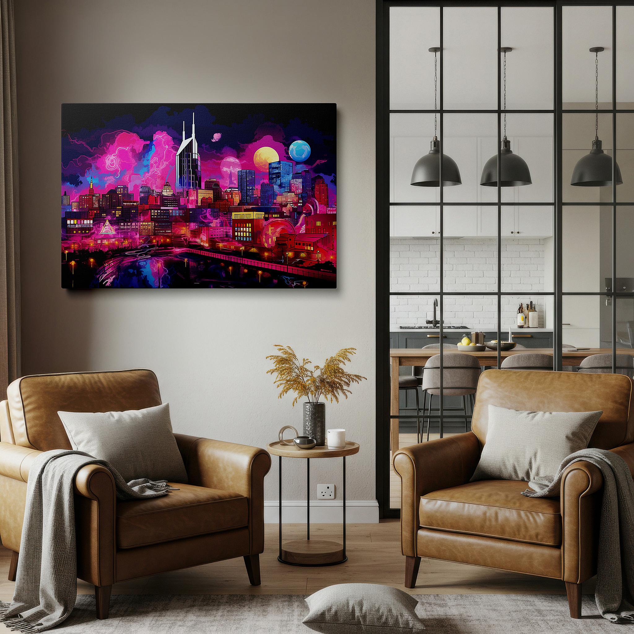 Positioned above a console table between ceramic vases — neon brilliance: cosmic mysteries and futuristic cityscapes in large wall art for offices, bedrooms, and living spaces