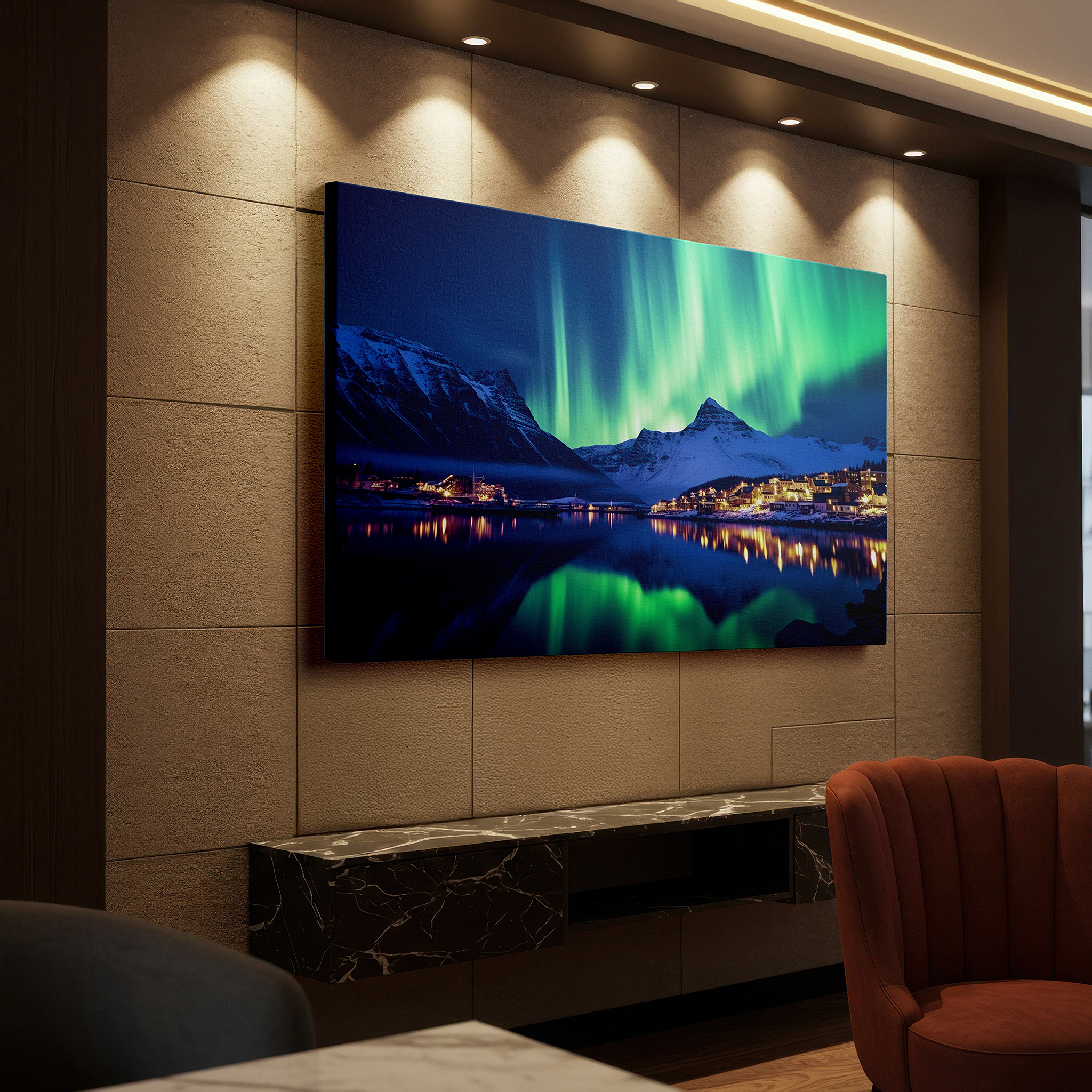 Positioned above a console table between ceramic vases — northern lights above peaceful coastal town, captivating night sky large wall art, canvas wall art, wall decor for office and bedroom