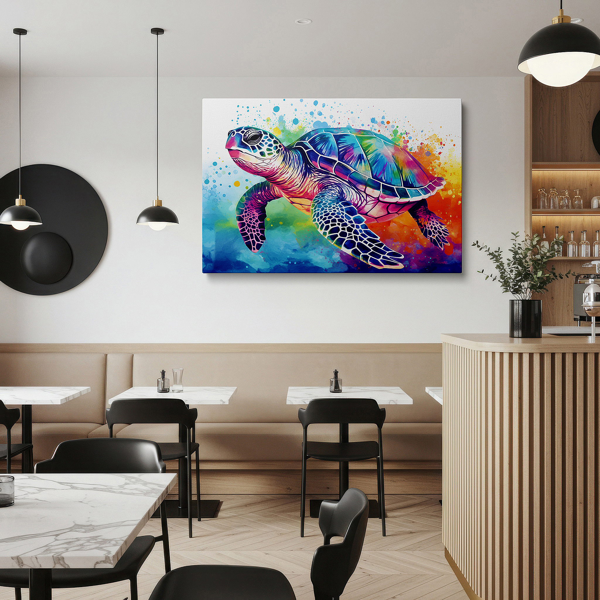 Positioned above a console table between ceramic vases — ocean tranquility: vibrant turtle in luminous underwater hues - large canvas wall art for home and office decor