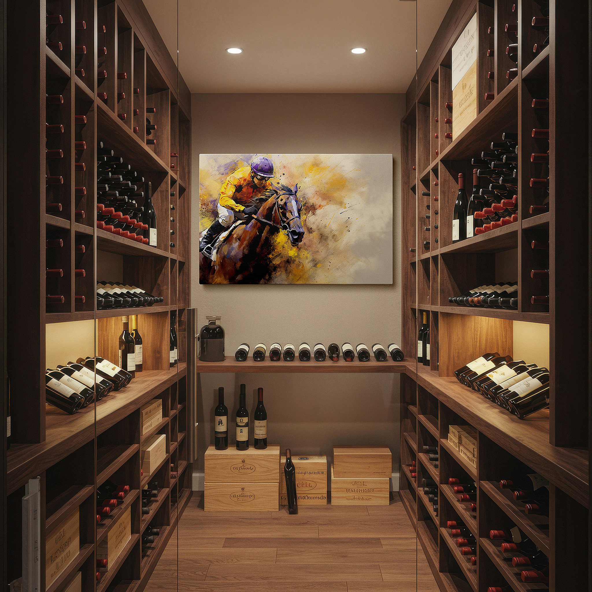 Positioned above a console table between ceramic vases — racehorse in action - celebrating speed and power, large canvas wall art for office and bedroom decor