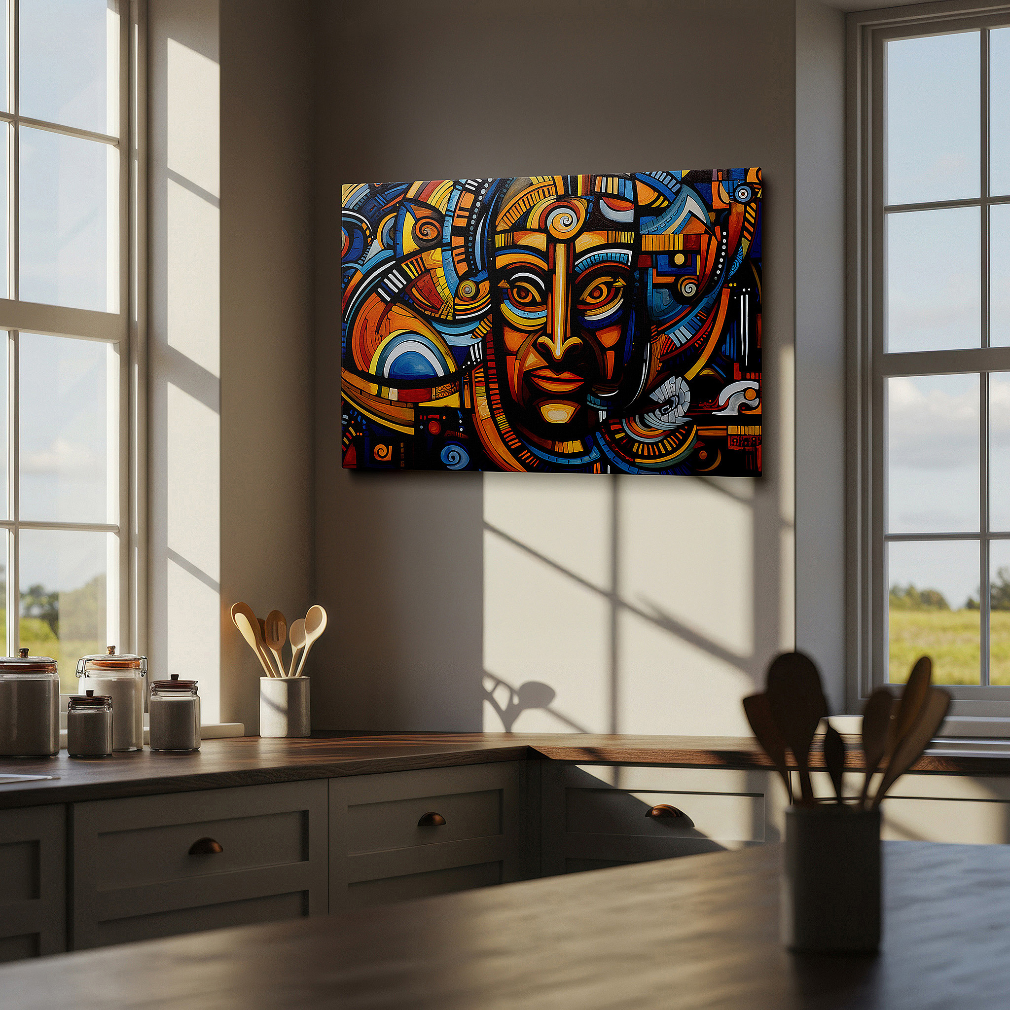 Positioned above a console table between ceramic vases — a rich mosaic of cultural narratives expressed in vivid hues and detailed patterns: large wall art, canvas wall art, wall decor for office
