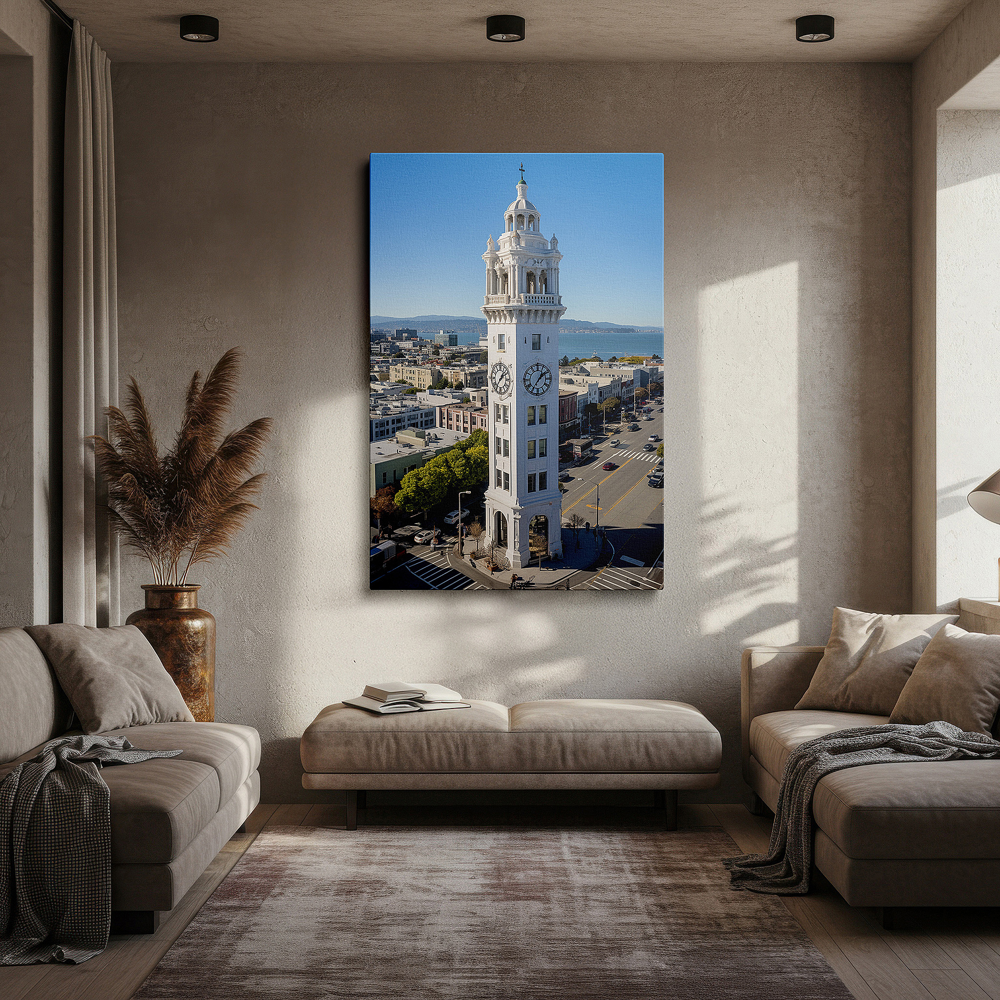 Positioned above a console table between ceramic vases — san francisco clock tower canvas print - a historic and cultural icon for wall decor, suitable for office and bedroom