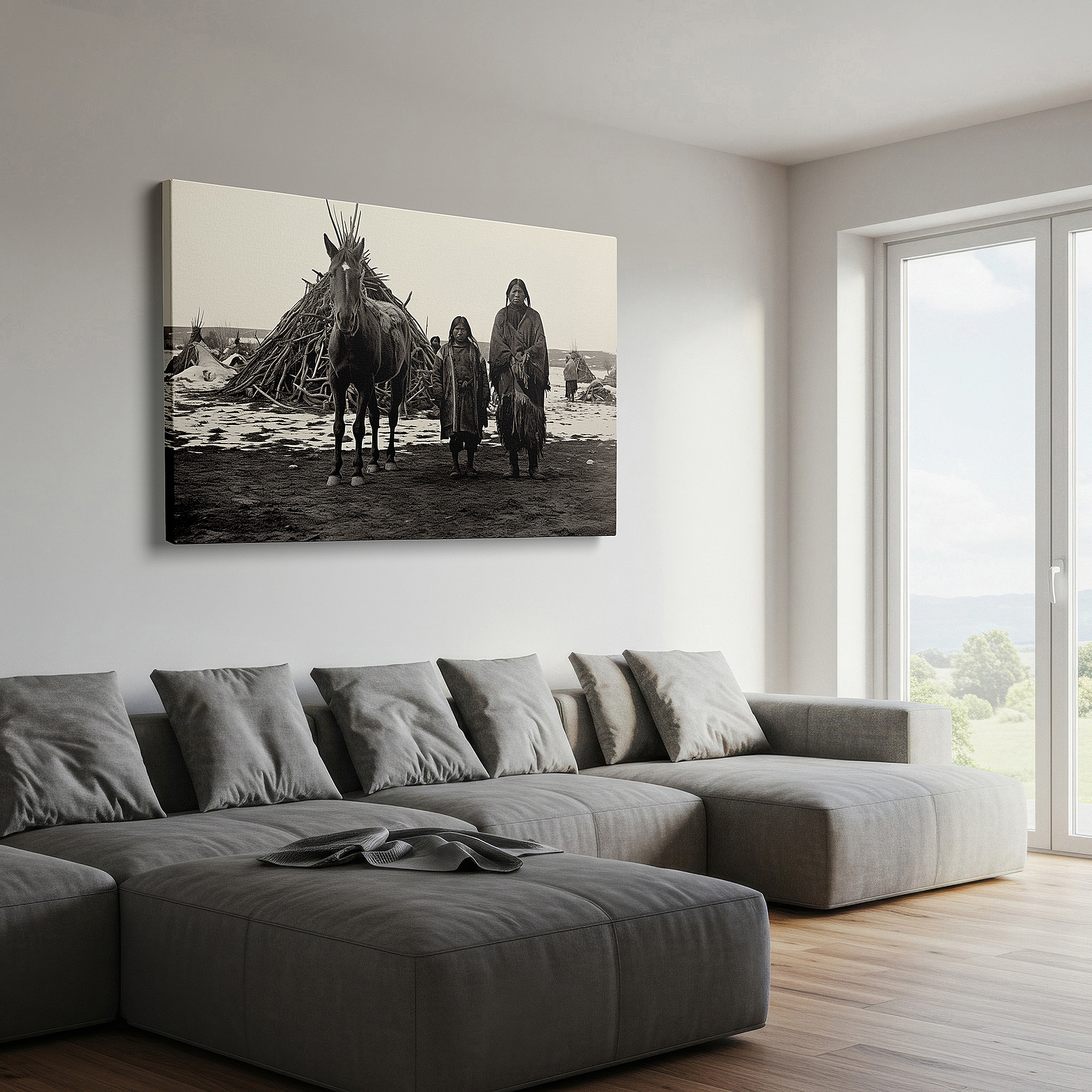 Positioned above a console table between ceramic vases — sepia-toned canvas art featuring horses and wigwams: perfect for office or bedroom wall decor