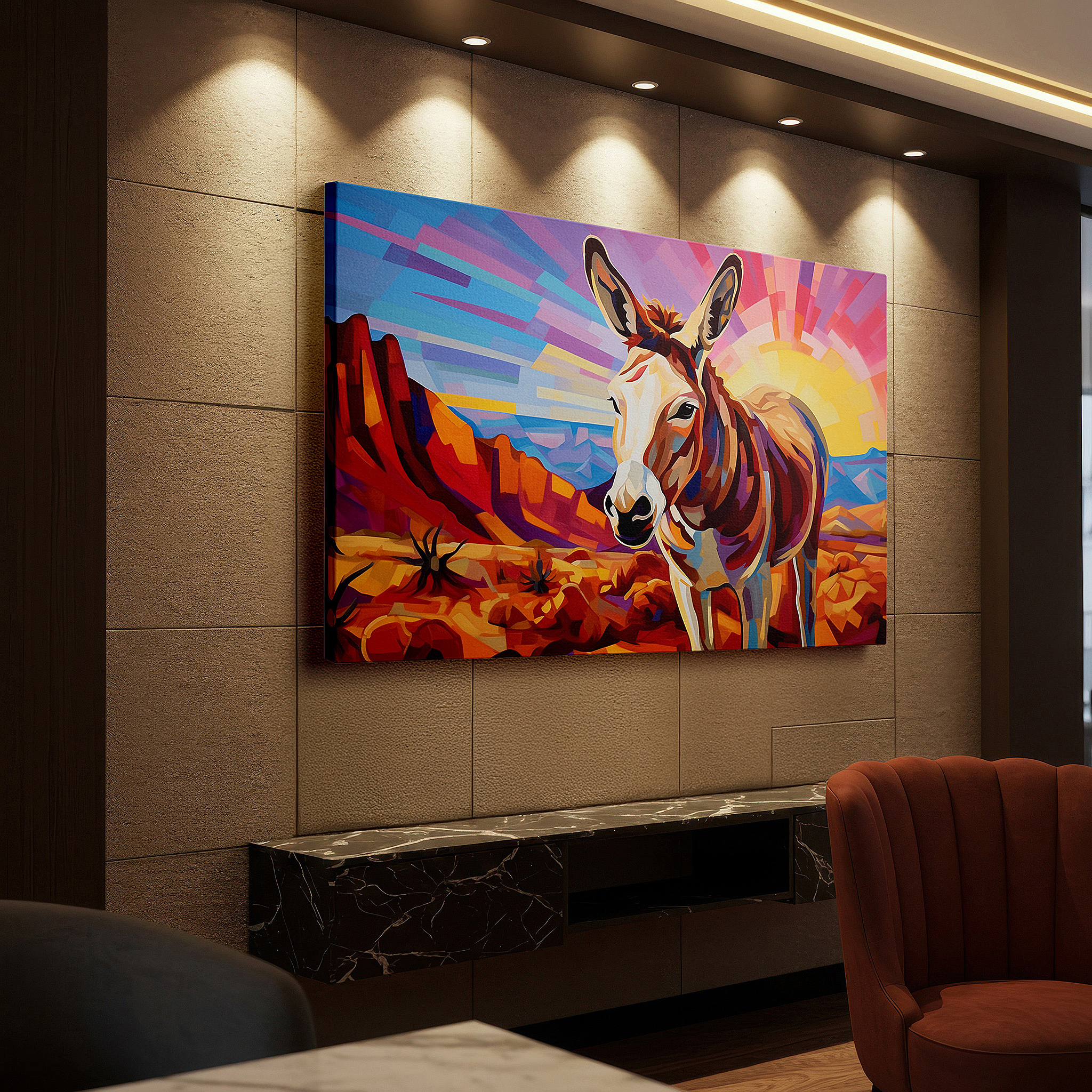 Positioned above a console table between ceramic vases — serene donkey at desert sunrise: a tranquil blend of nature's palette - large canvas wall art for office and bedroom decor