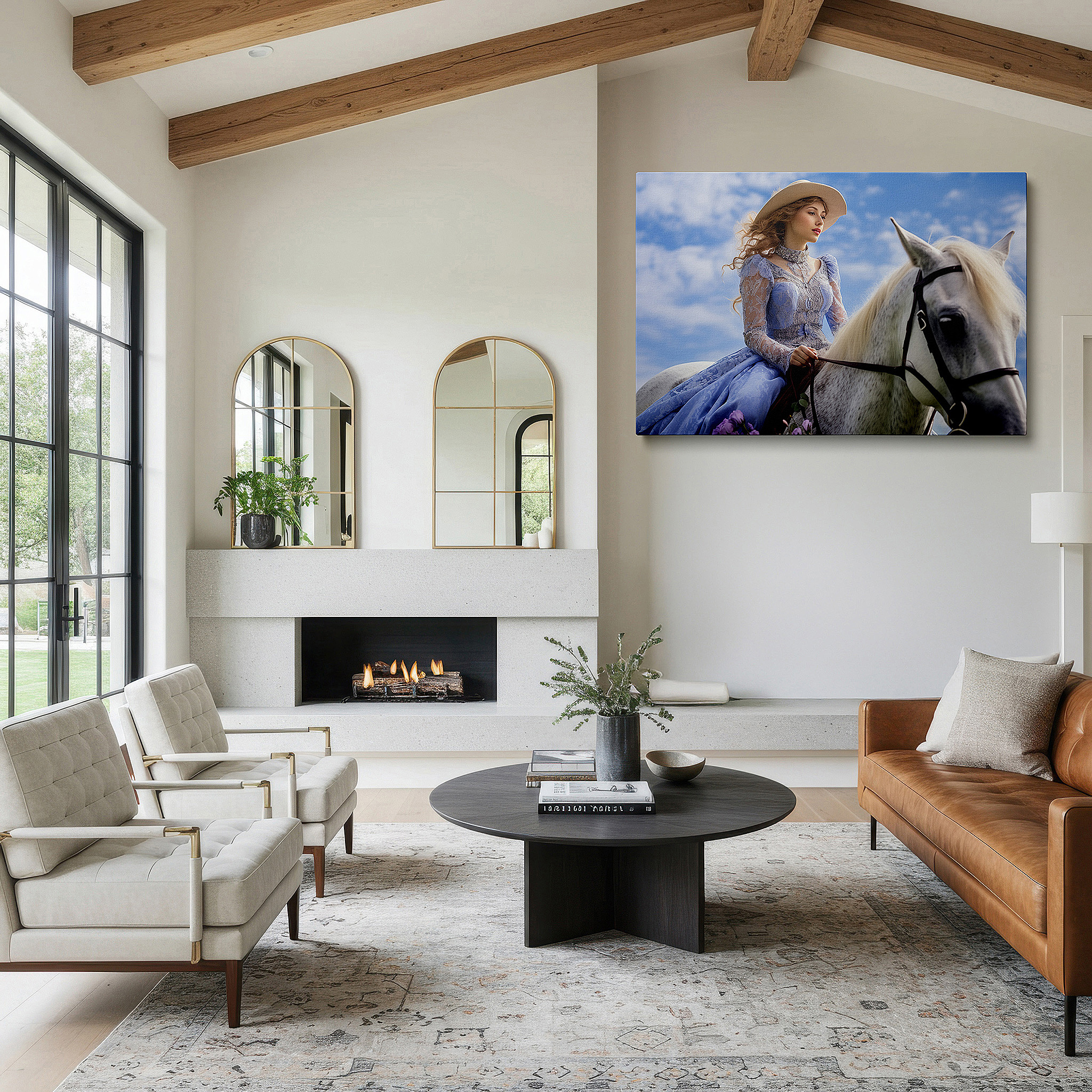 Positioned above a console table between ceramic vases — serene elegance of a young woman in blue on a majestic white horse: large canvas wall art for office and bedroom decor