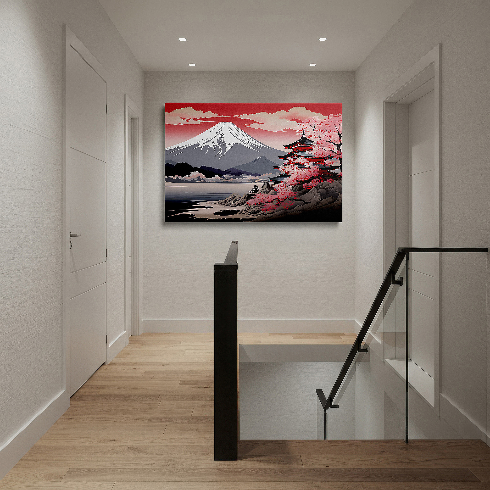 Positioned above a console table between ceramic vases — serene japanese temple with sakura and mount fuji large canvas wall art, tranquil cultural tapestry for office decor
