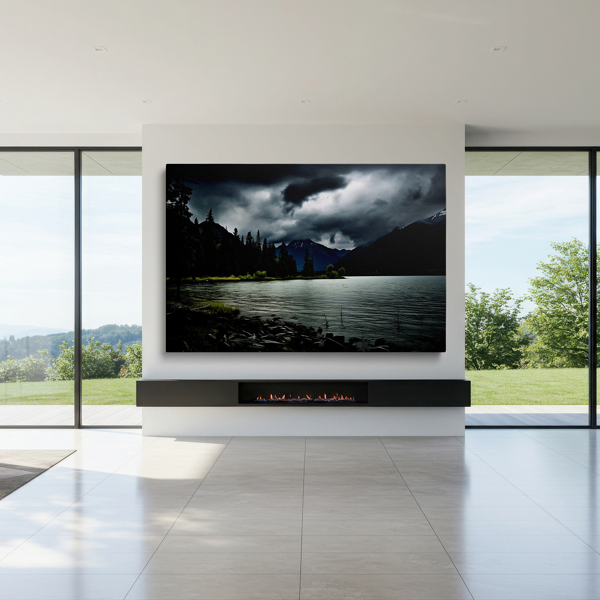 Positioned above a console table between ceramic vases — serene lake against stormy skies, majestic mountains beneath ominous clouds large wall art, canvas wall art, wall decor, office wall art, bedroom wall art