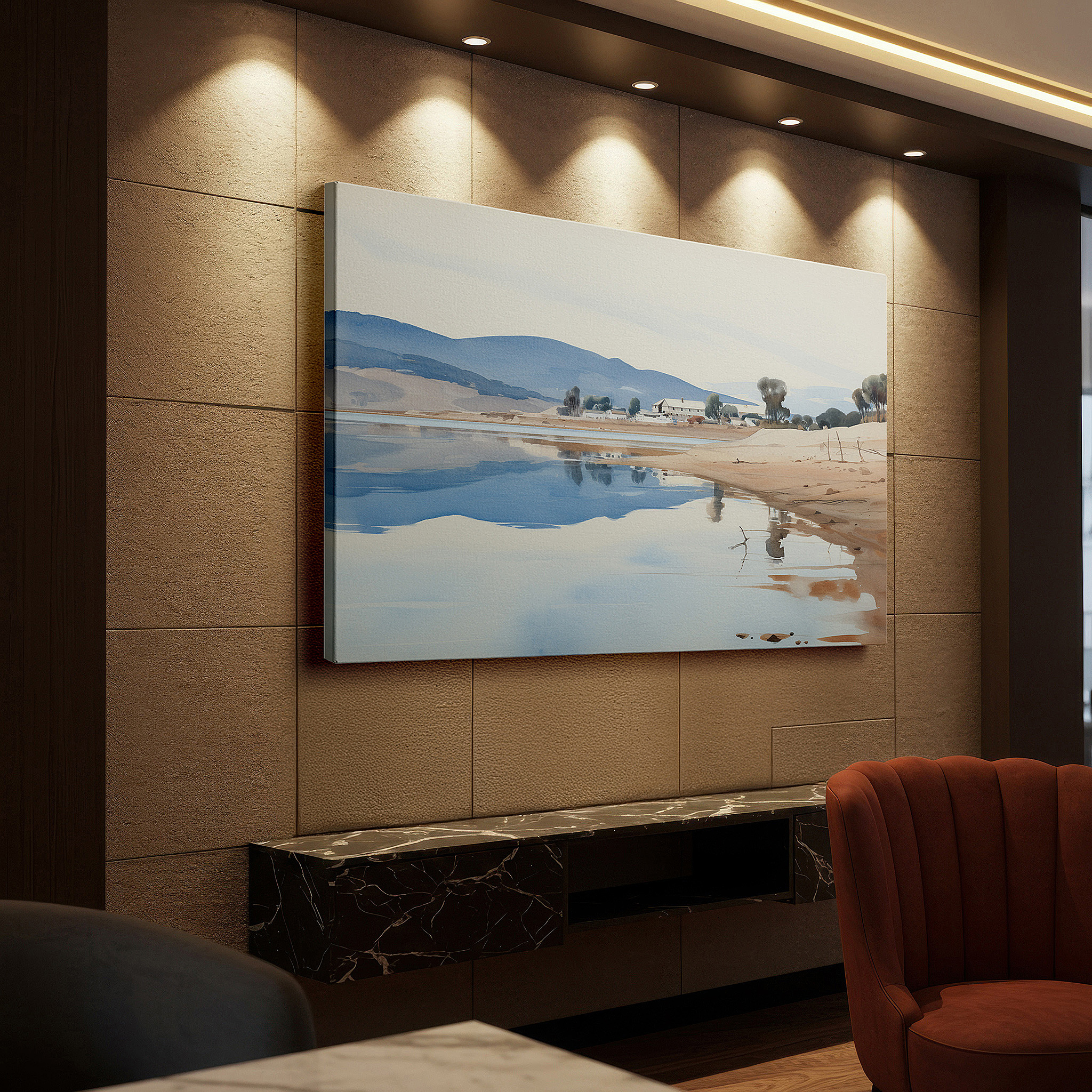 Positioned above a console table between ceramic vases — serene lakeside at dawn: ethereal reflections of soft hues in tranquil waters - large canvas wall art for office and bedroom decor