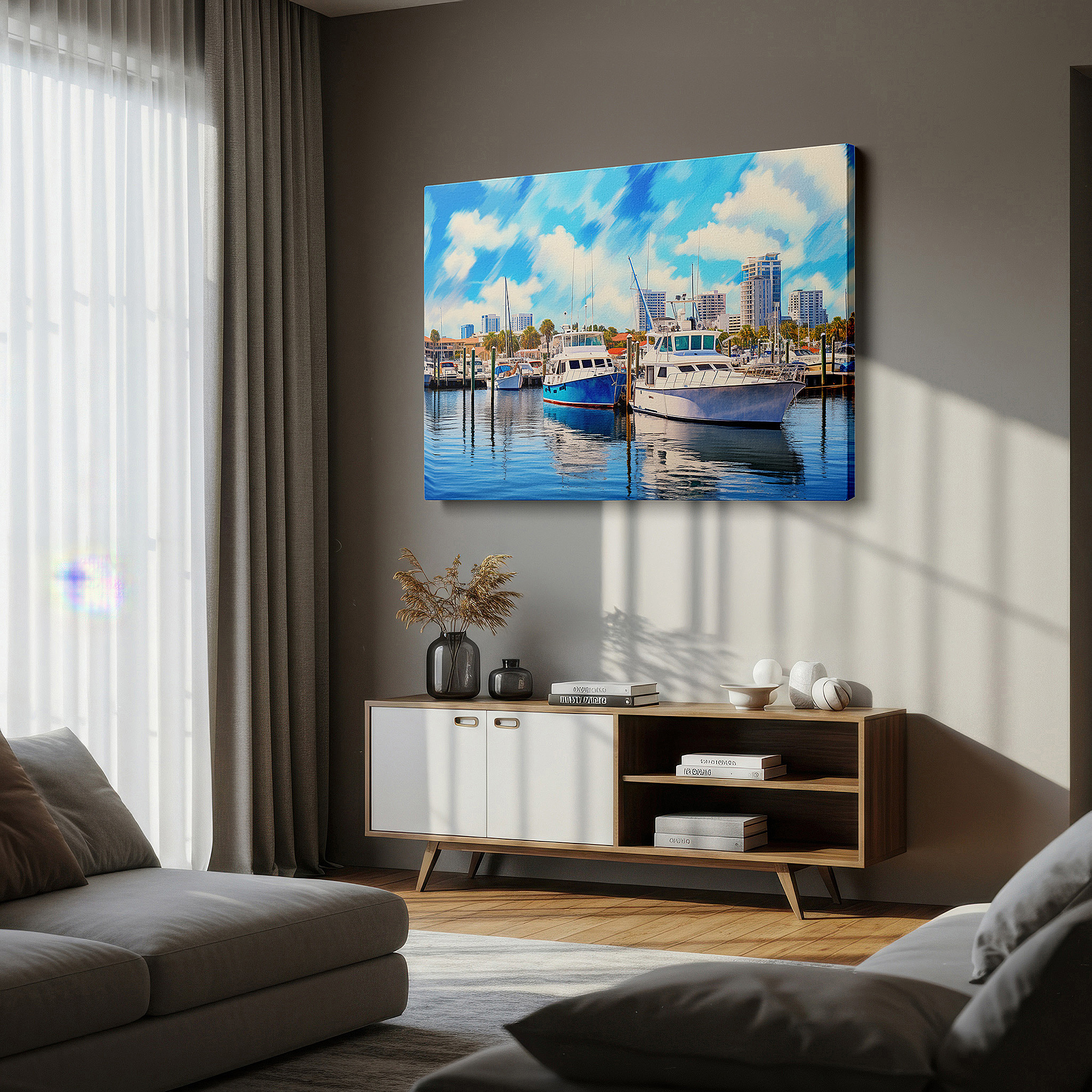 Positioned above a console table between ceramic vases — serene marina and dynamic city skyline, peaceful water reflections of elegant boats and tall buildings, large canvas wall art, wall decor