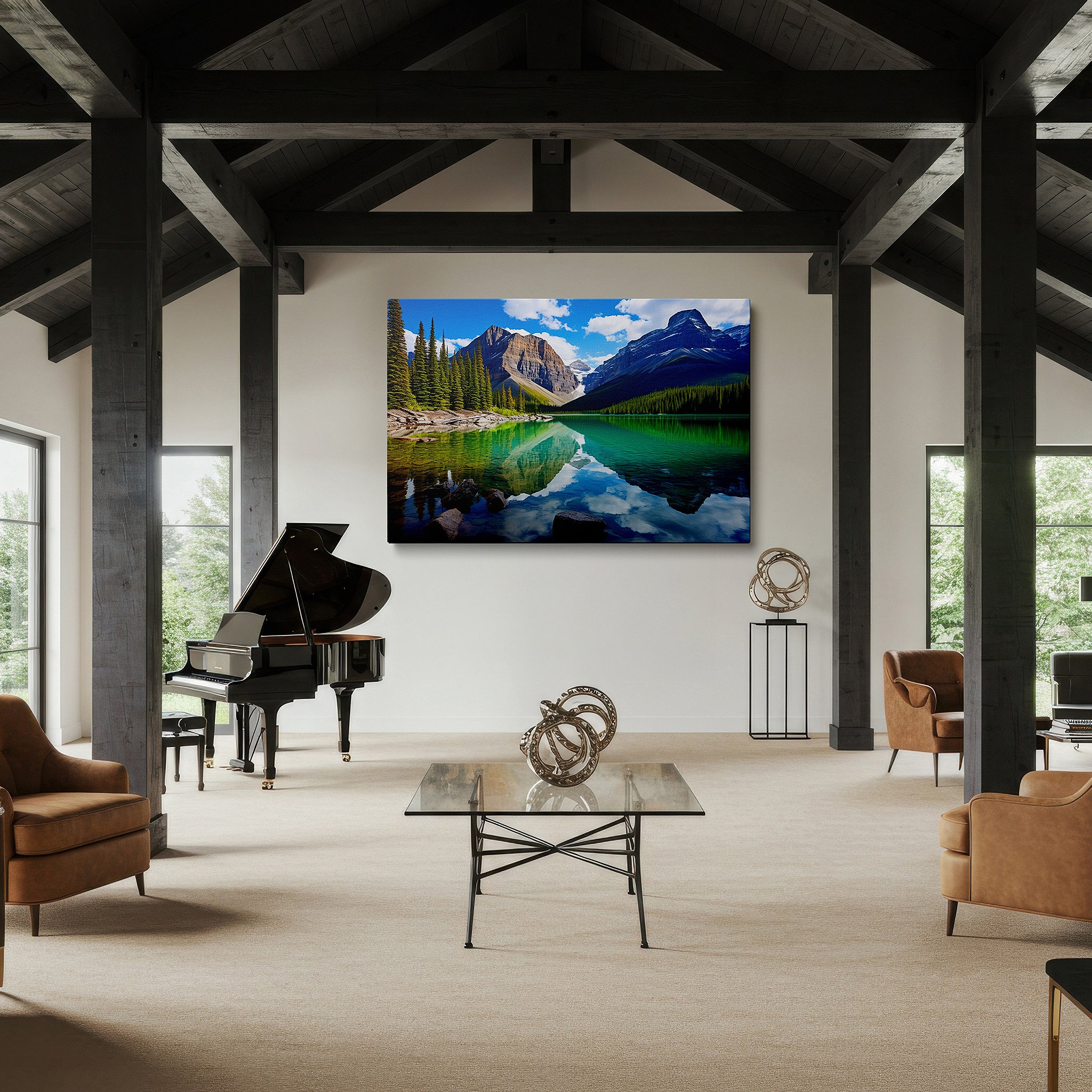 Positioned above a console table between ceramic vases — serene mountain lake and verdant trees reflection wall art - vibrant blue sky canvas for office and bedroom decor