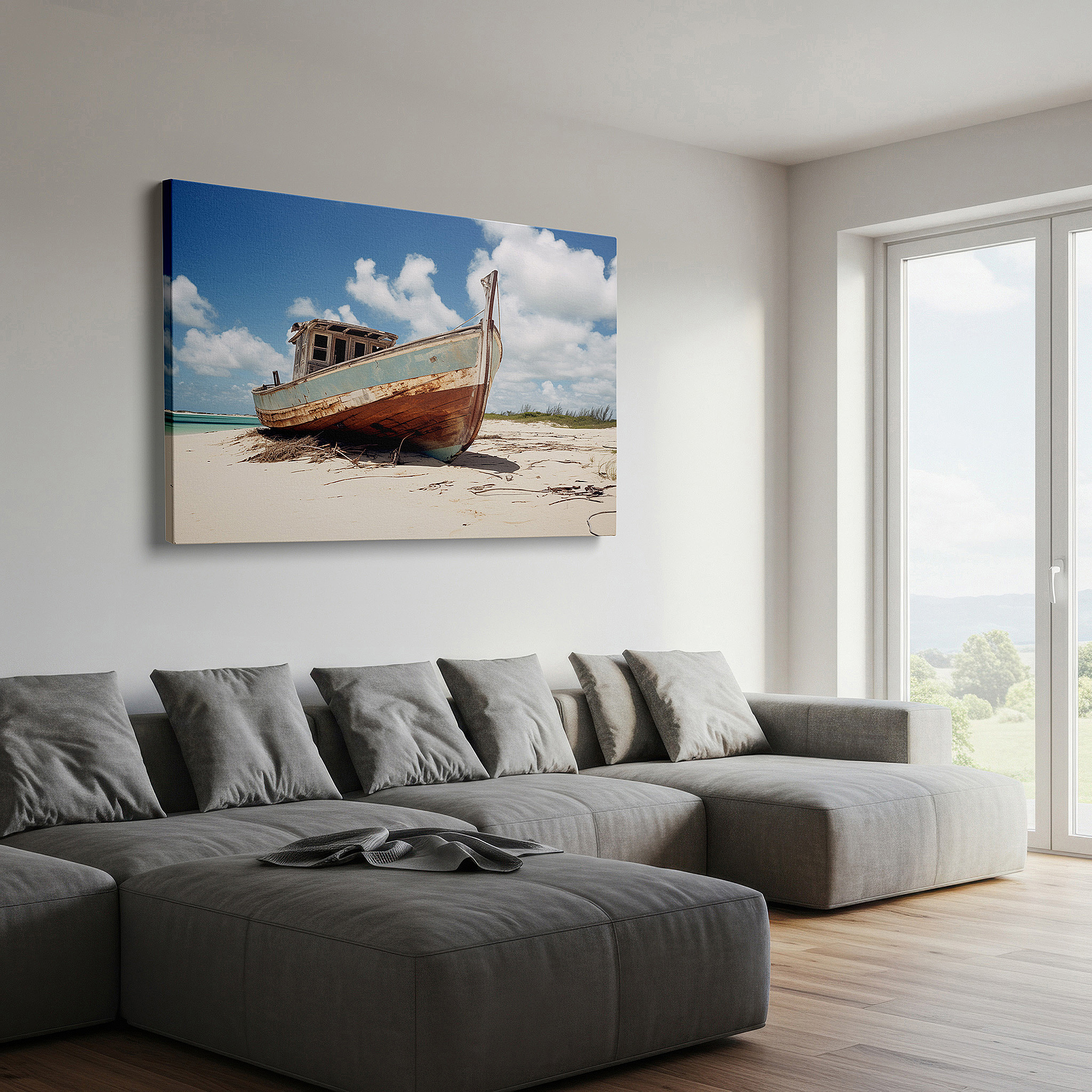 Positioned above a console table between ceramic vases — serene neglect - nature's peaceful embrace of an old fishing boat large wall art, canvas wall art, wall decor for office and bedroom