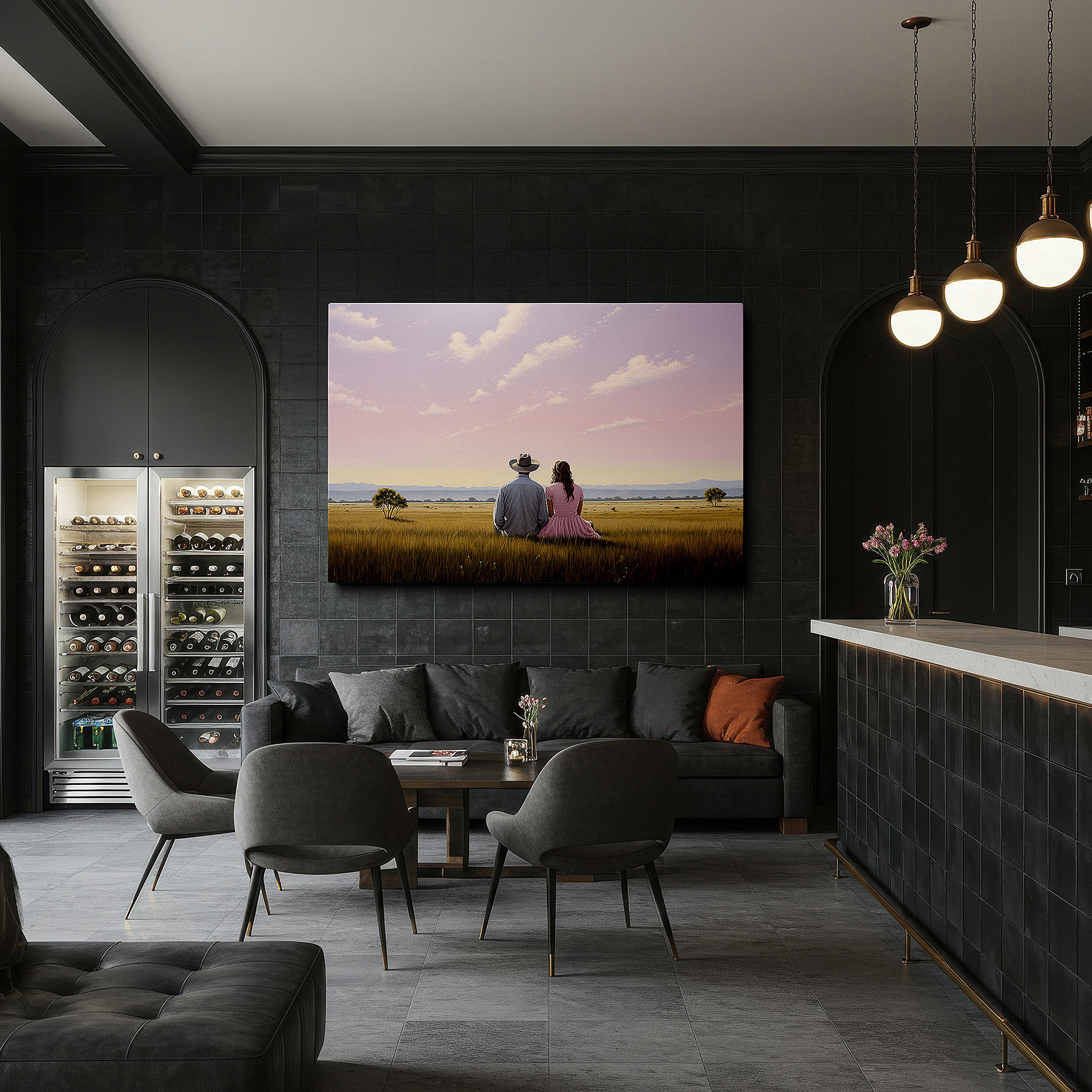 Positioned above a console table between ceramic vases — serene sunset embrace in a peaceful field, couple's connection amidst natural beauty large wall art, canvas wall art, wall art